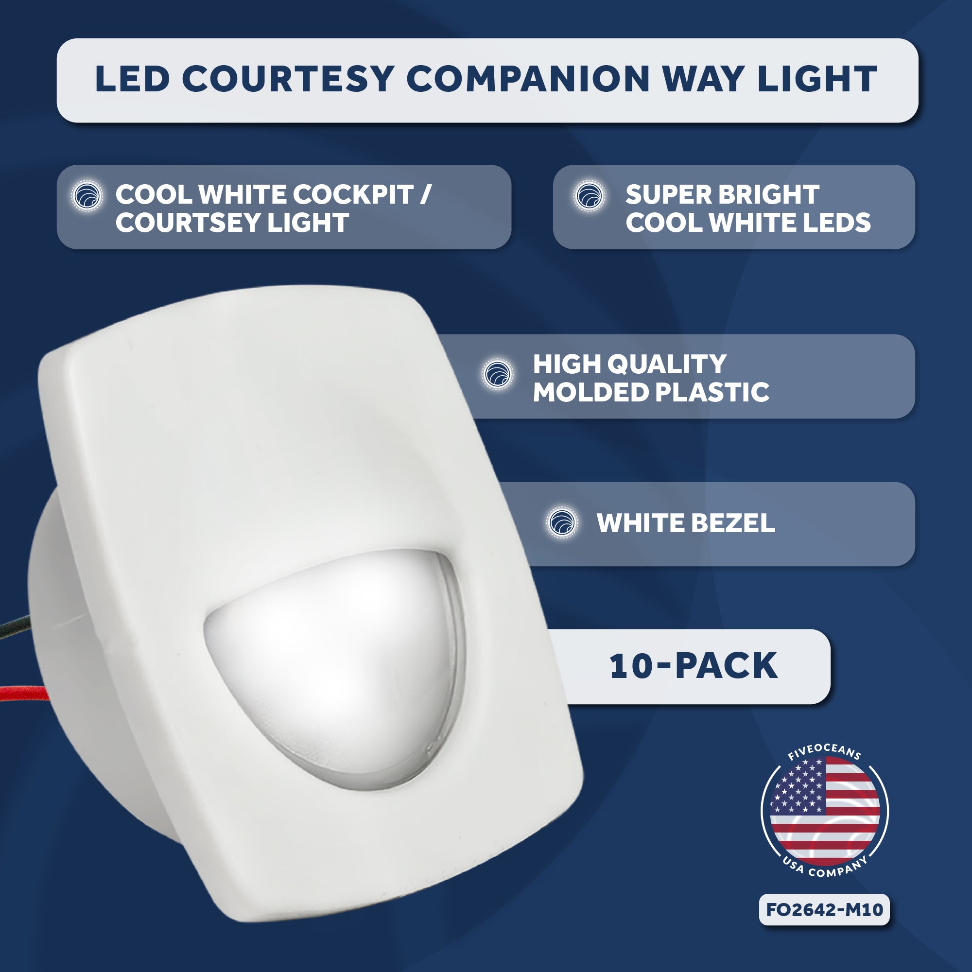 LED Courtesy Companion Way Light, White Square, Cool White, 10-Pack - FO2642-M10 - Five Oceans