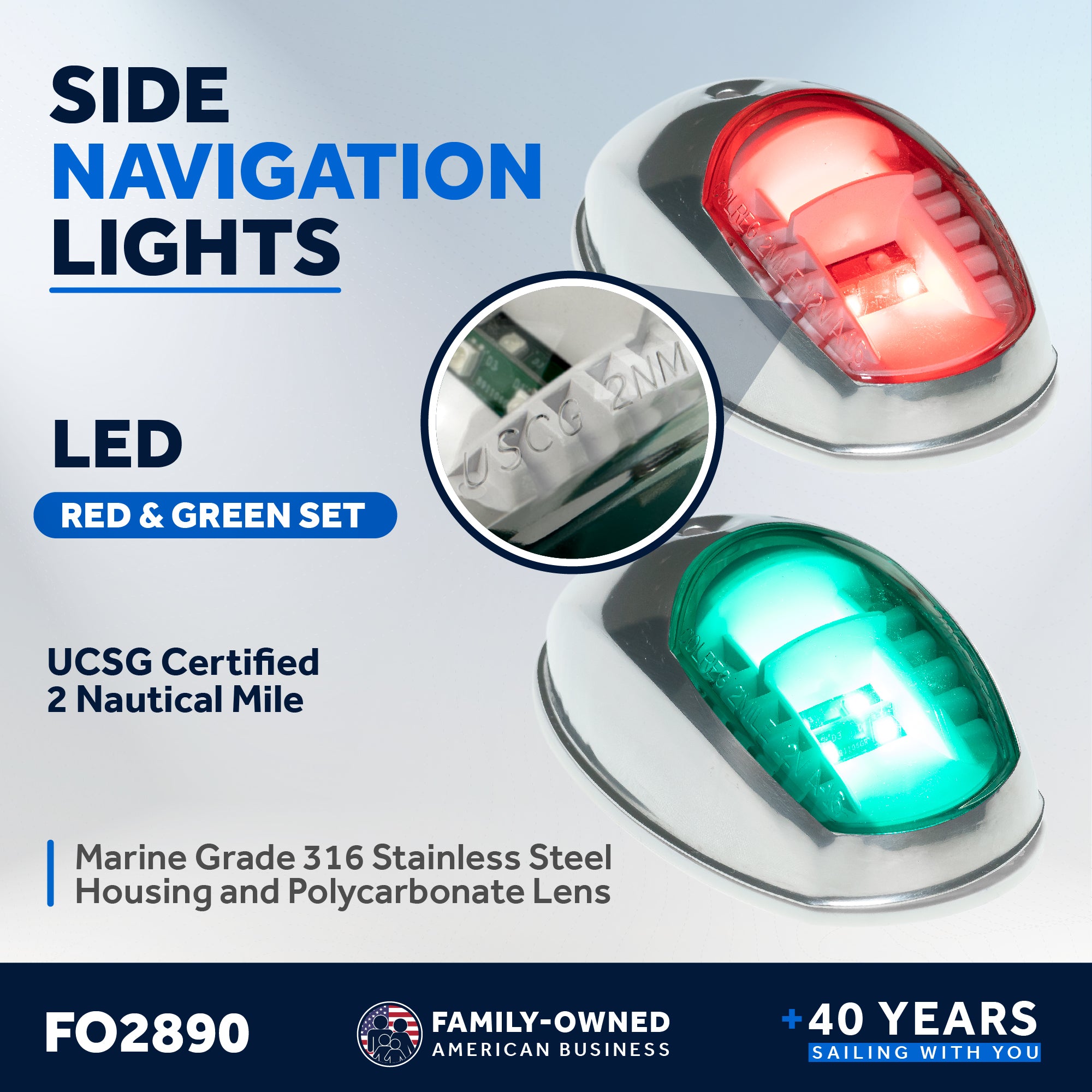 LED Side Navigation Lights, Red & Green Set, Stainless Steel Housing  with 2 SS M4X40mm screws- FO2890