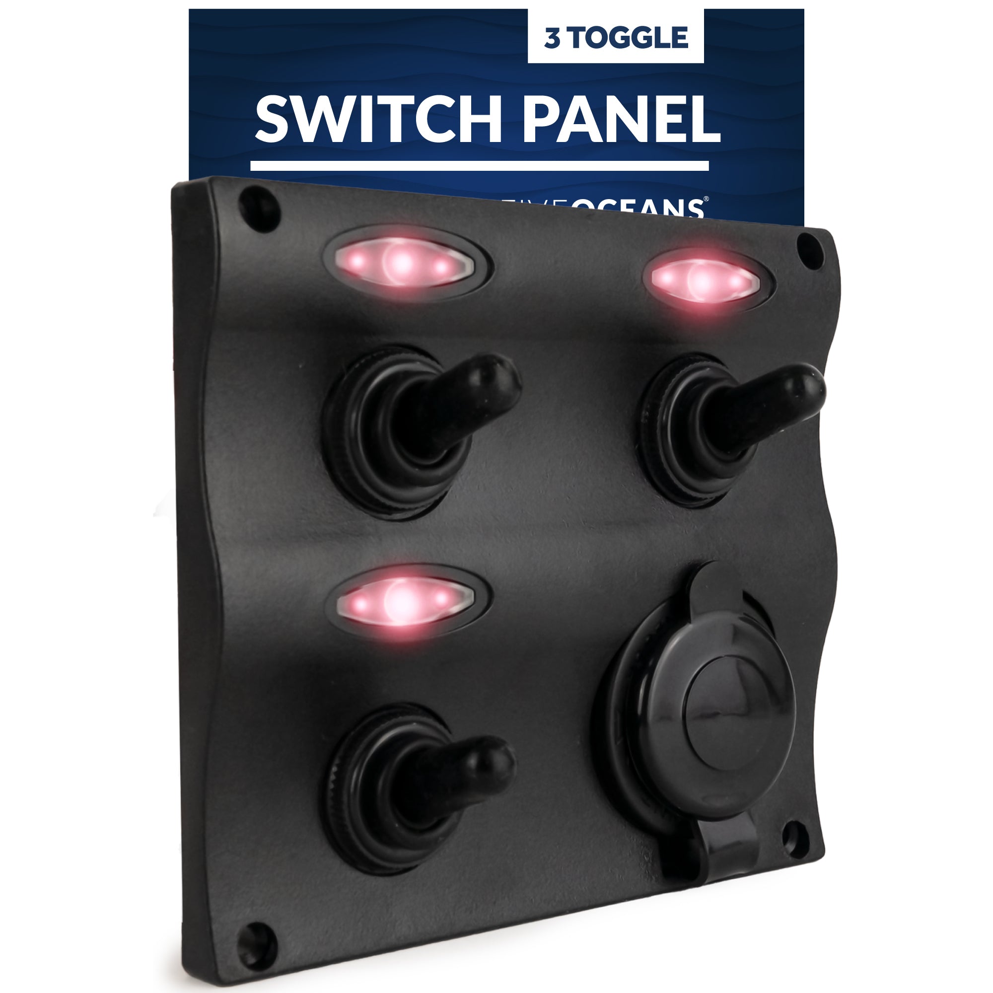 3 Gang Toggle Switch Panel, 1 Power Socket, 12-24 Volts - FO2892