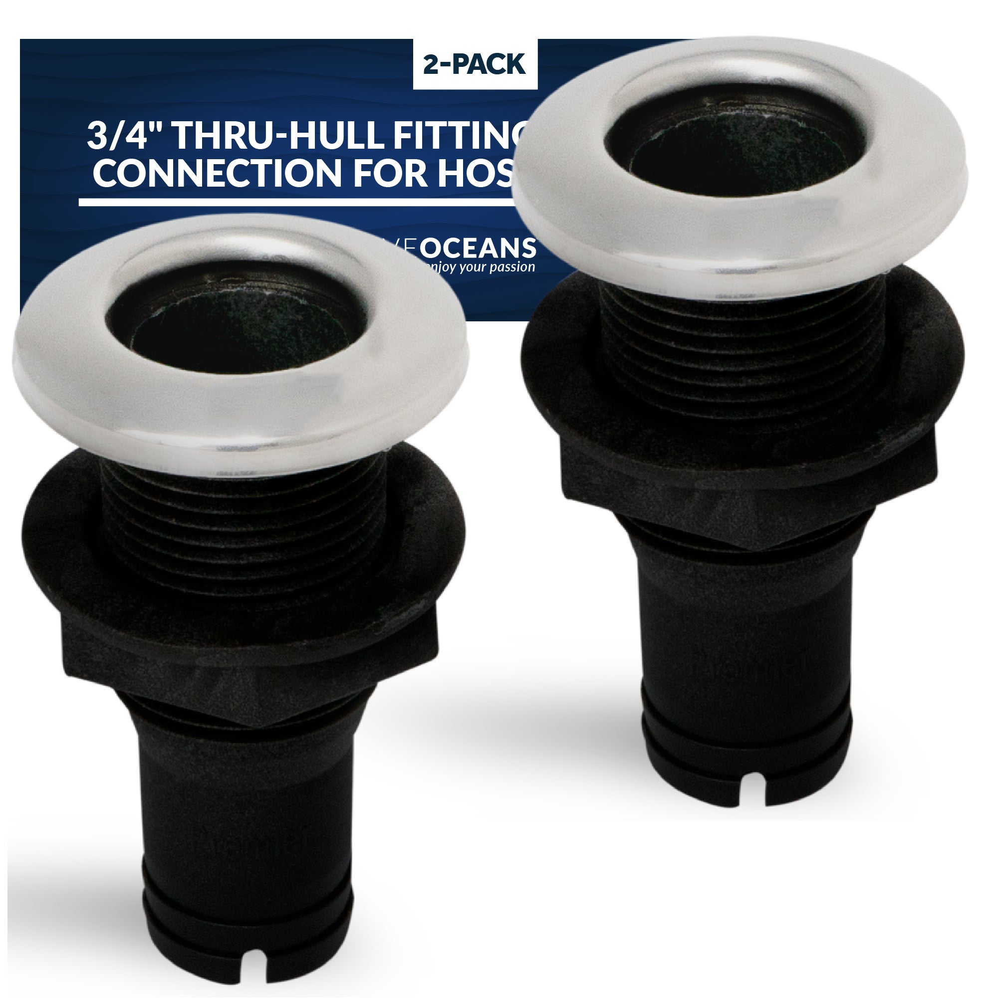 Thru-Hull Fitting Connection for Hose, 3/4" Black, 2-Pack - FO2995-M2