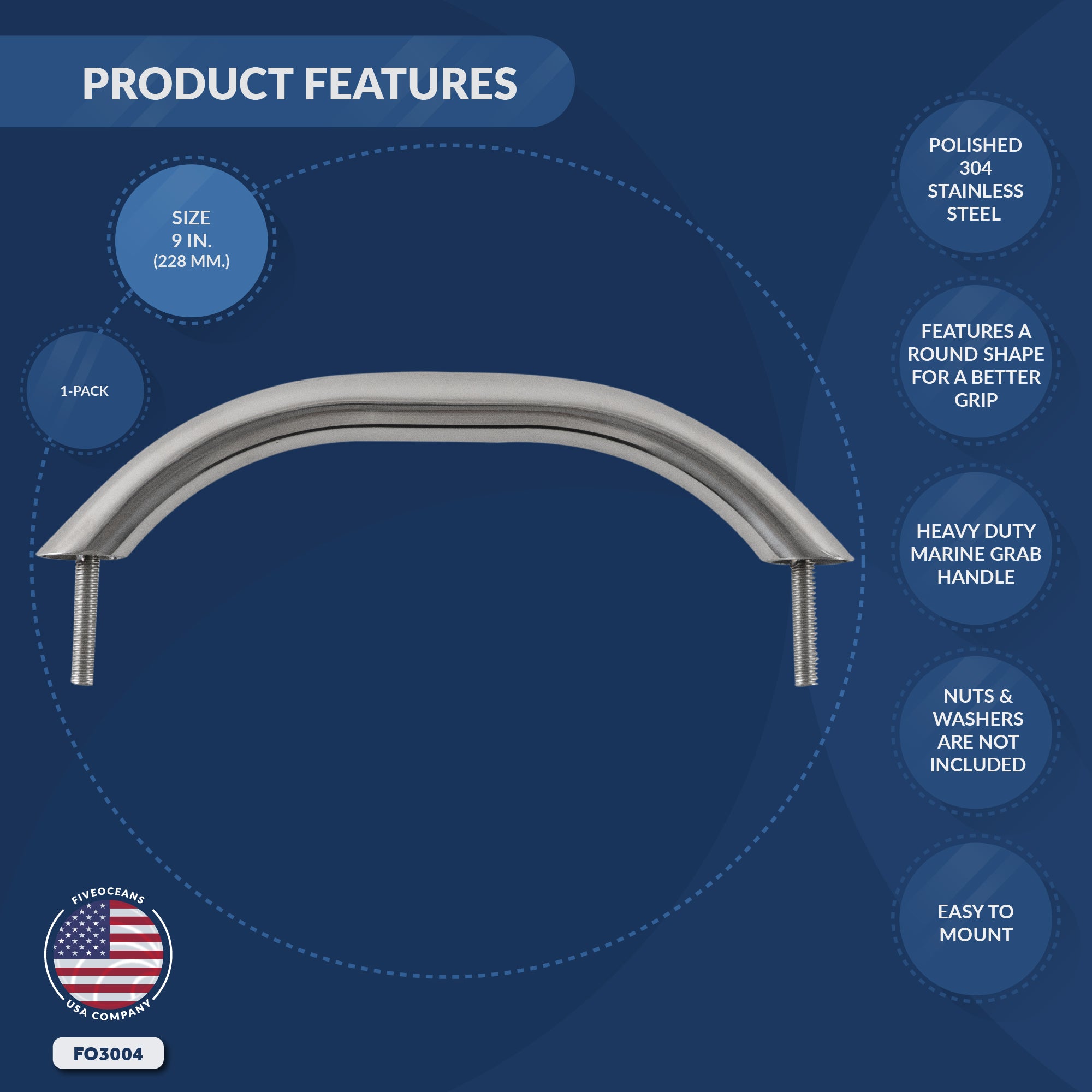 Grab Handle Handrail with Stud 9", Stainless Steel - FO3004