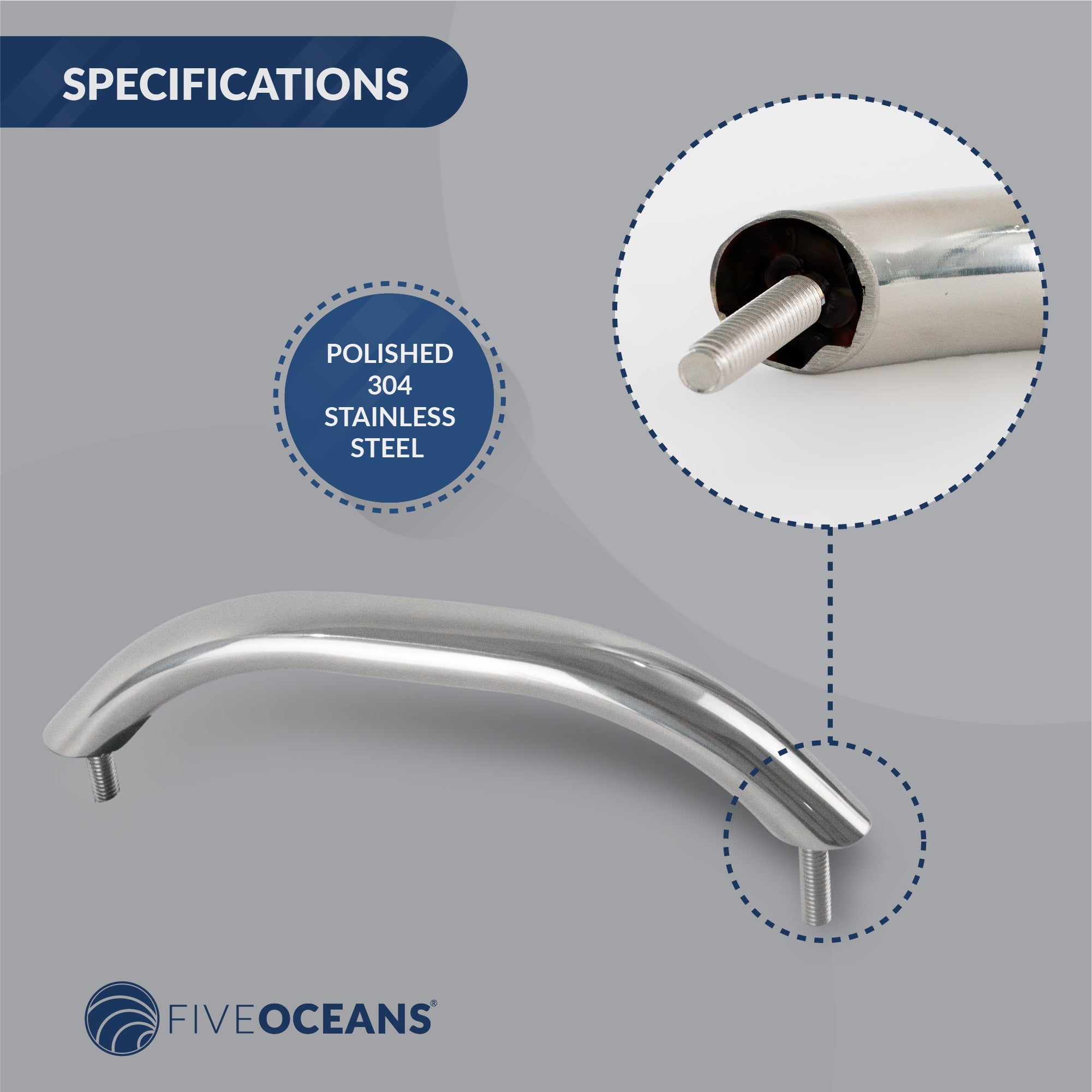 Grab Handle Handrail with Stud 9", Stainless Steel - FO3004