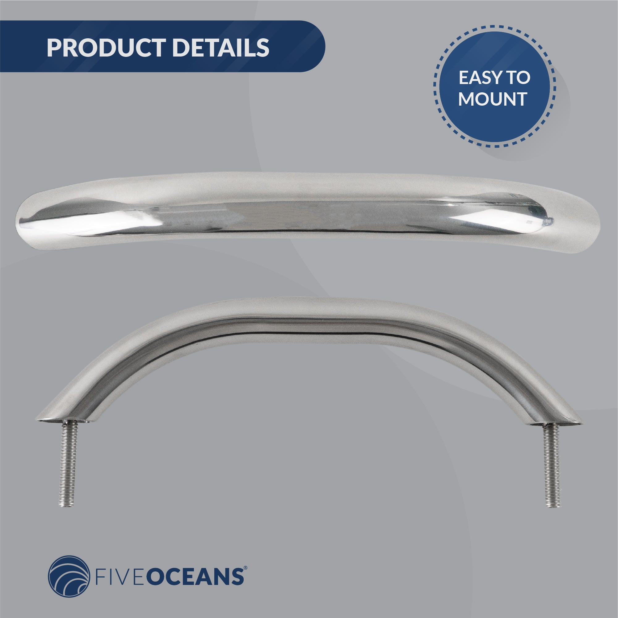 Grab Handle Handrail with Stud 9", Stainless Steel - FO3004
