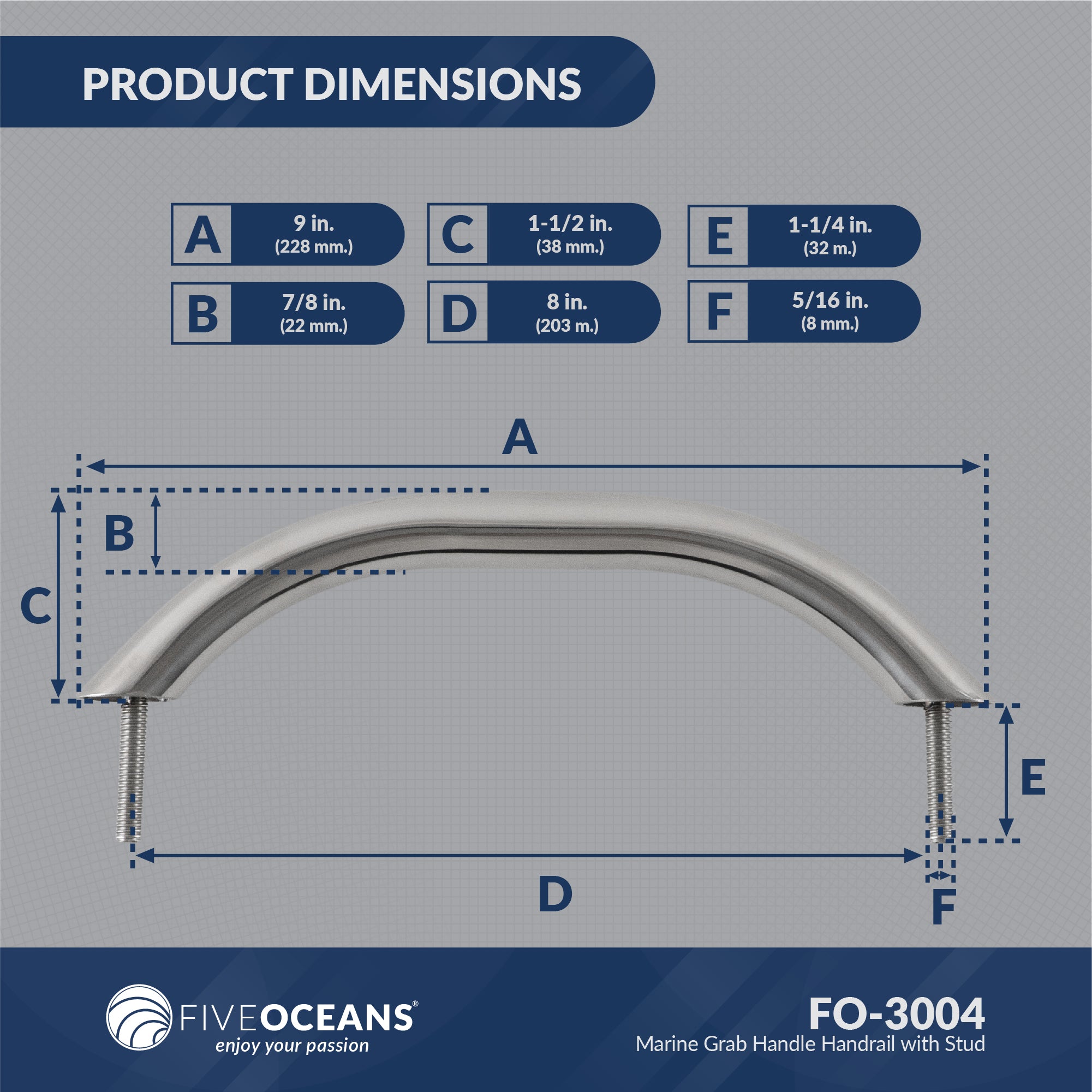 Grab Handle Handrail with Stud 9", Stainless Steel - FO3004