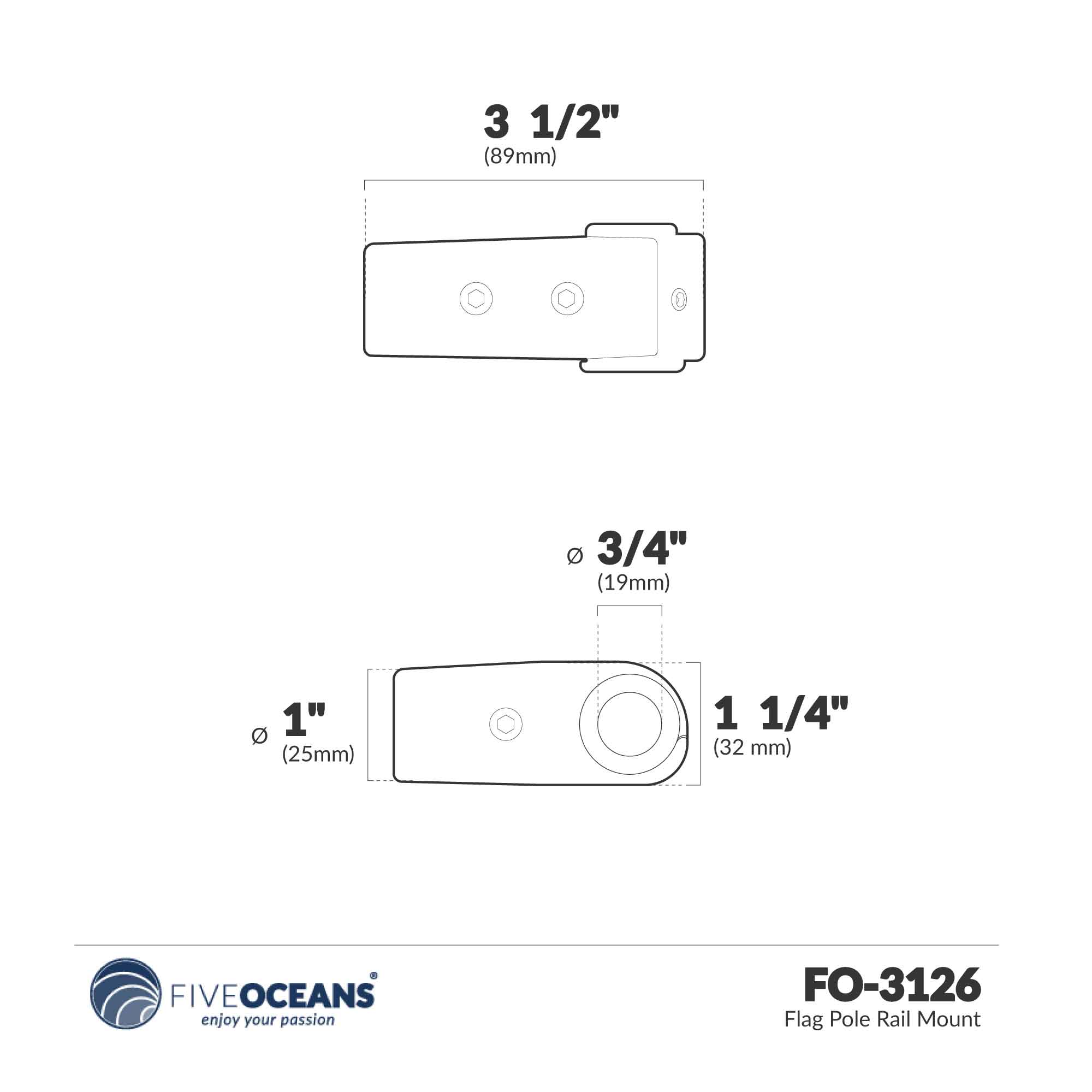 Flag Pole Socket Rail Mount 7/8 ", Stainless Steel - FO3126