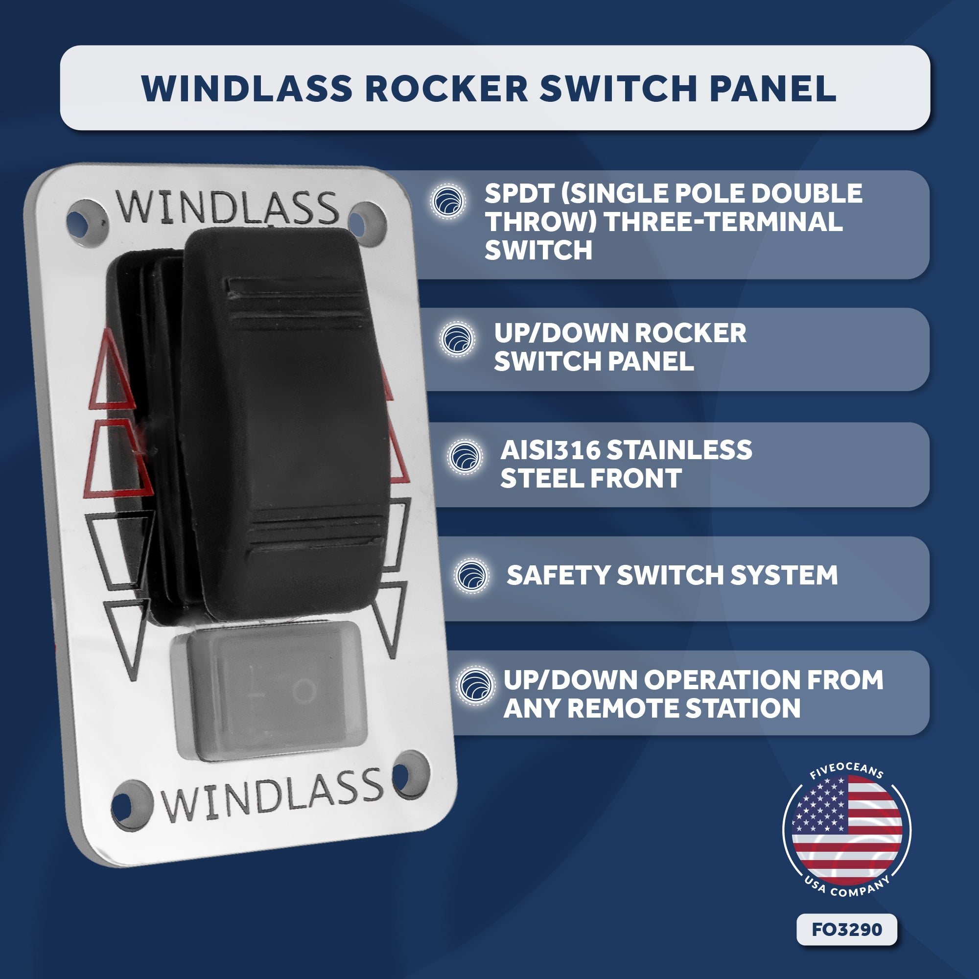 Windlass Rocker Switch Panel, 12 V, SPDT 3-Terminal - FO3290