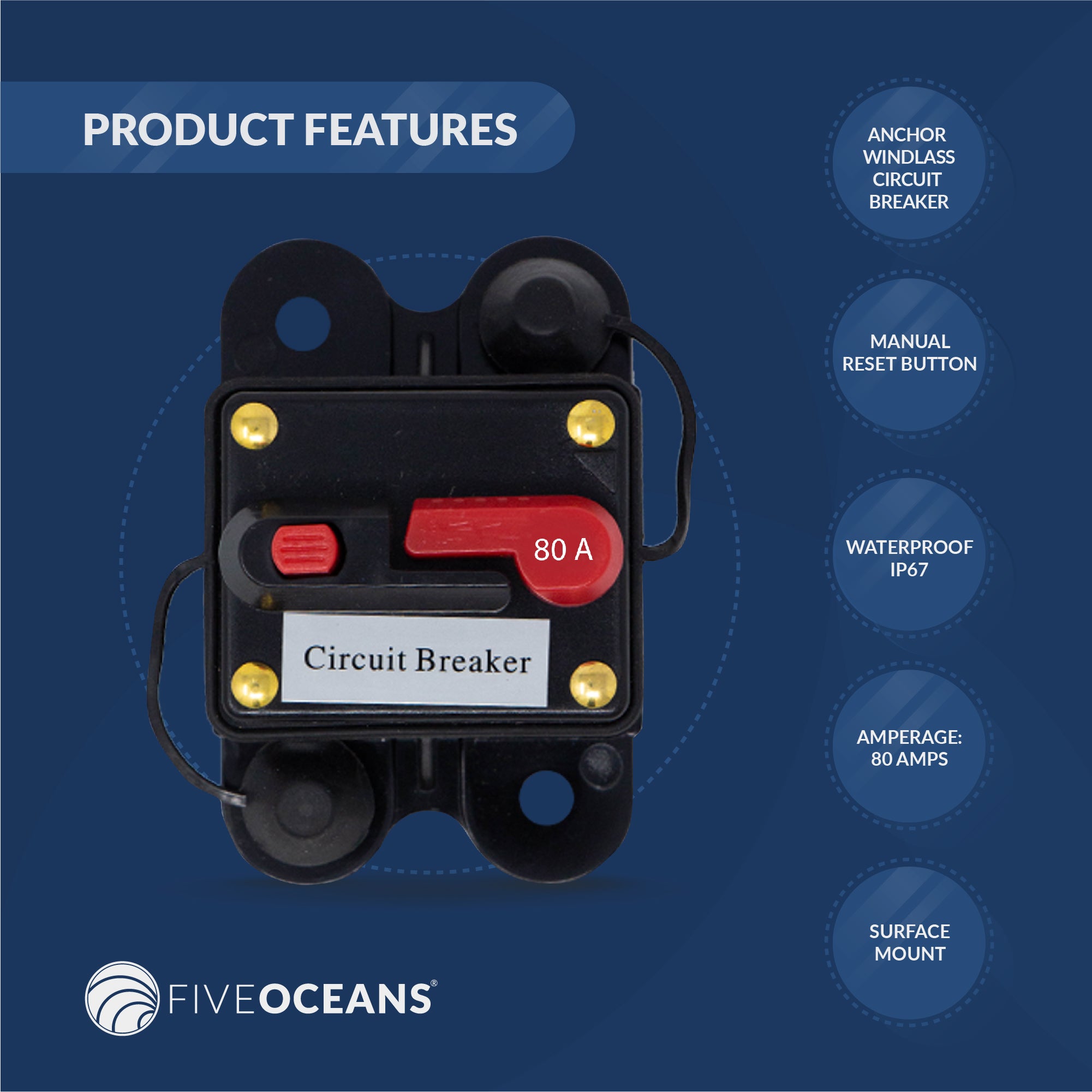 Windlass Circuit Breaker, 80 Amps, 12 V, Surface Mount - FO3294 - Five Oceans