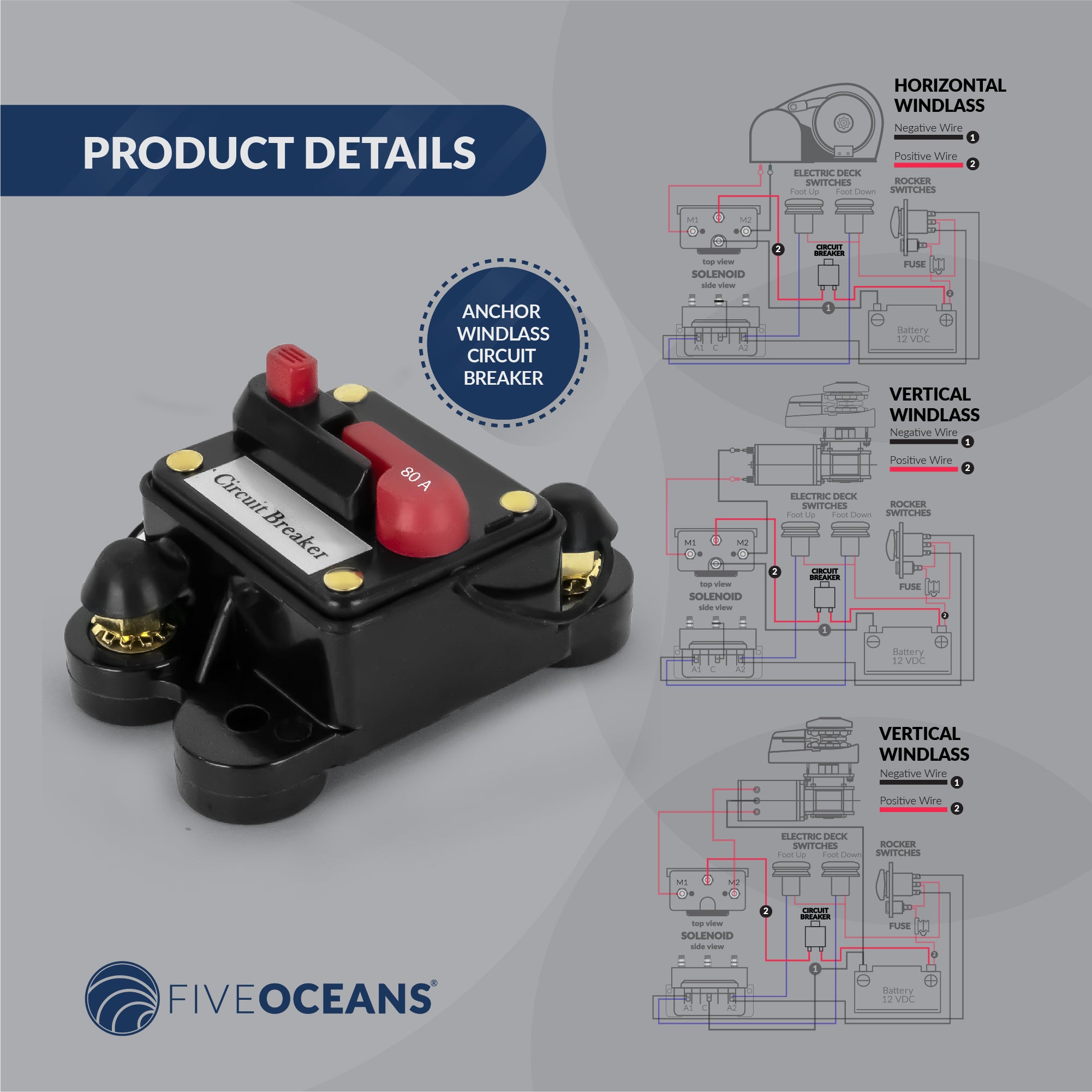 Windlass Circuit Breaker, 80 Amps, 12 V, Surface Mount - FO3294 - Five Oceans