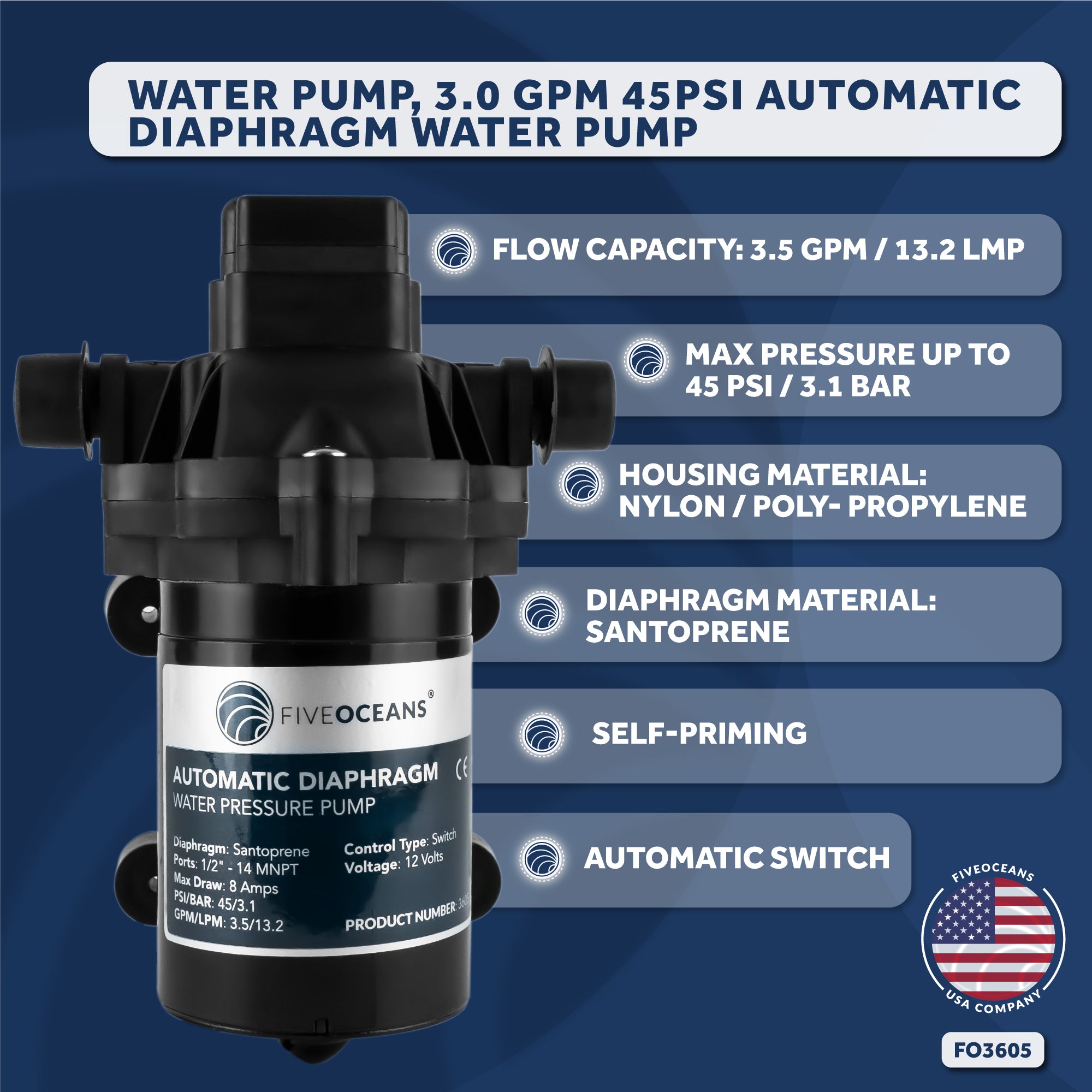 Automatic Diaphragm Water Pump, 3.0 GPM / 11.3 LPM, 45PSI, 12V DC - FO3605 - Five Oceans