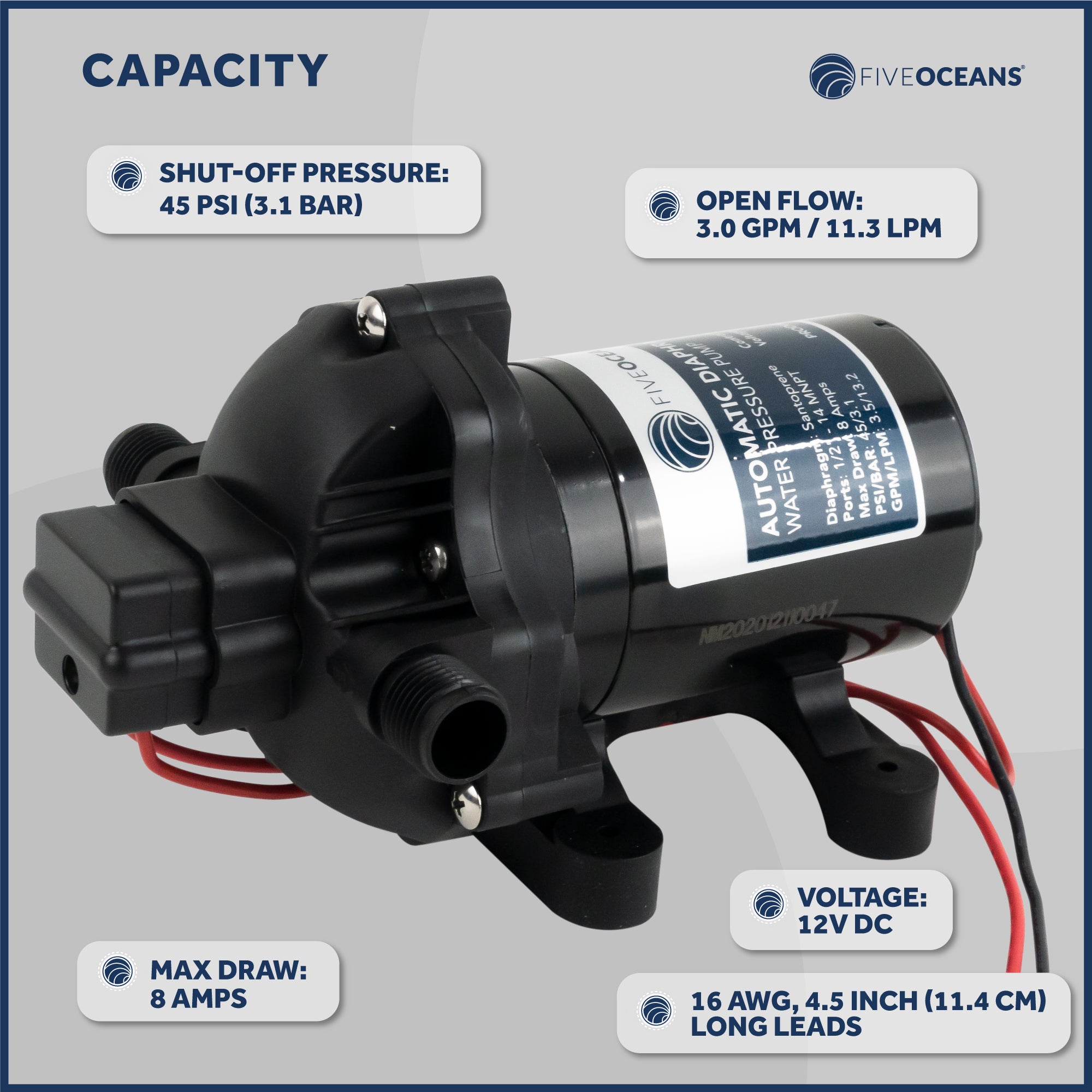 Automatic Diaphragm Water Pump, 3.0 GPM / 11.3 LPM, 45PSI, 12V DC - FO3605 - Five Oceans