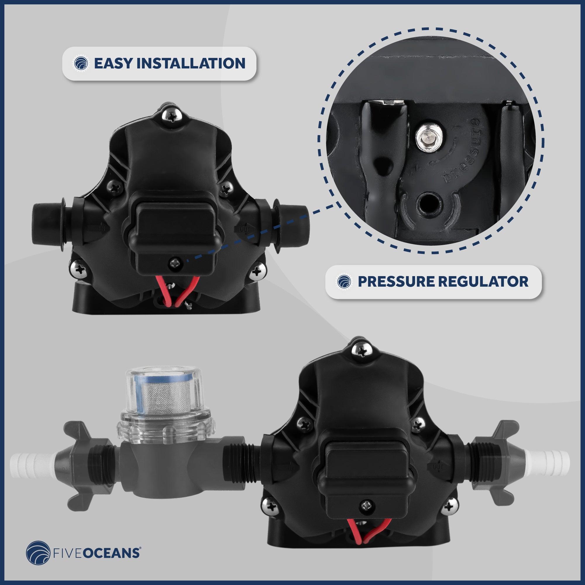 Automatic Diaphragm Water Pump, 3.0 GPM / 11.3 LPM, 45PSI, 12V DC - FO3605 - Five Oceans