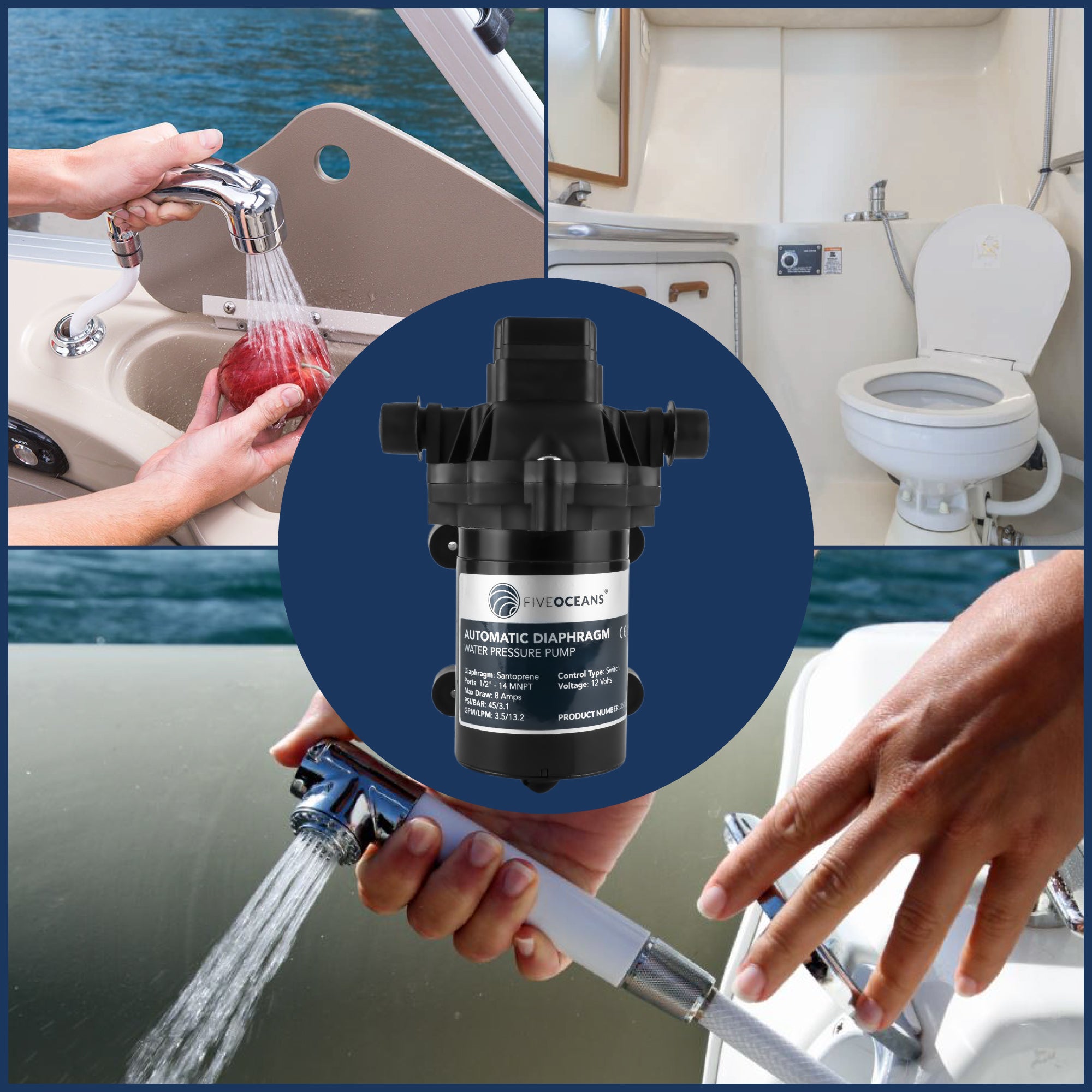 Automatic Diaphragm Water Pump, 3.0 GPM / 11.3 LPM, 45PSI, 12V DC - FO3605 - Five Oceans