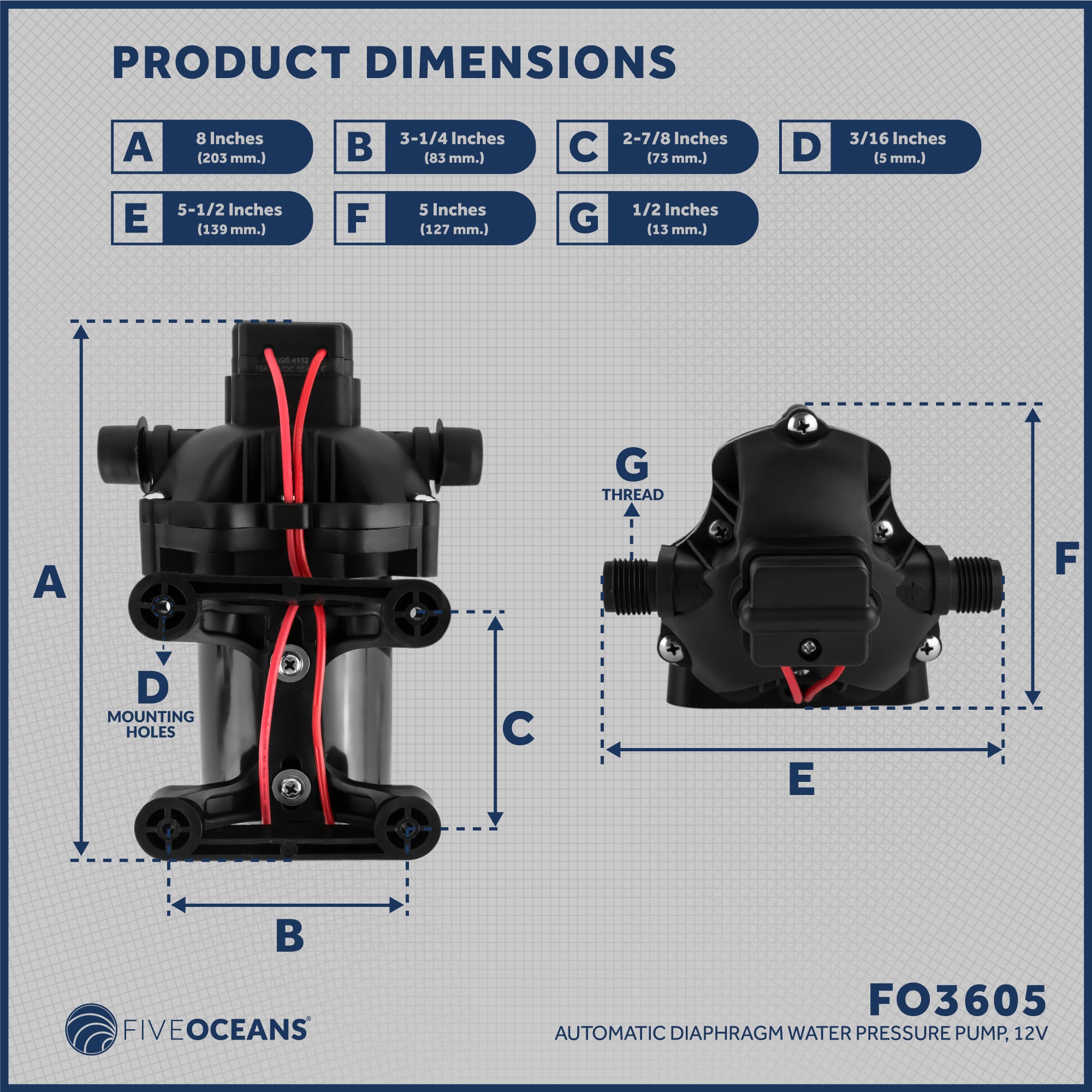 Automatic Diaphragm Water Pump, 3.0 GPM / 11.3 LPM, 45PSI, 12V DC - FO3605 - Five Oceans