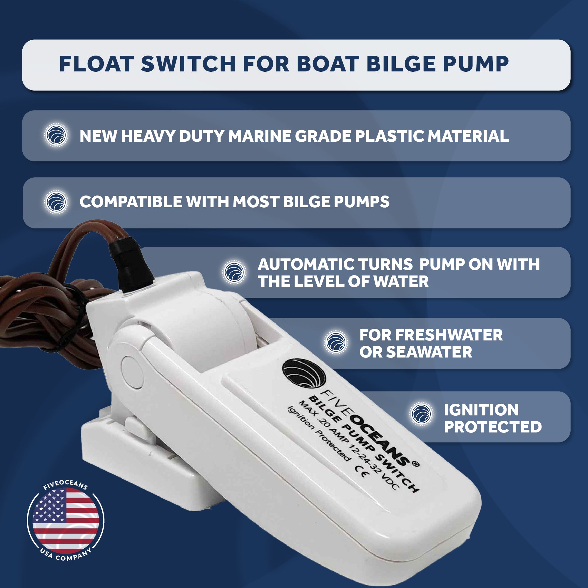 Bilge Pump Float Switch, 12-24-32 VDC, 20 Amps - FO3610