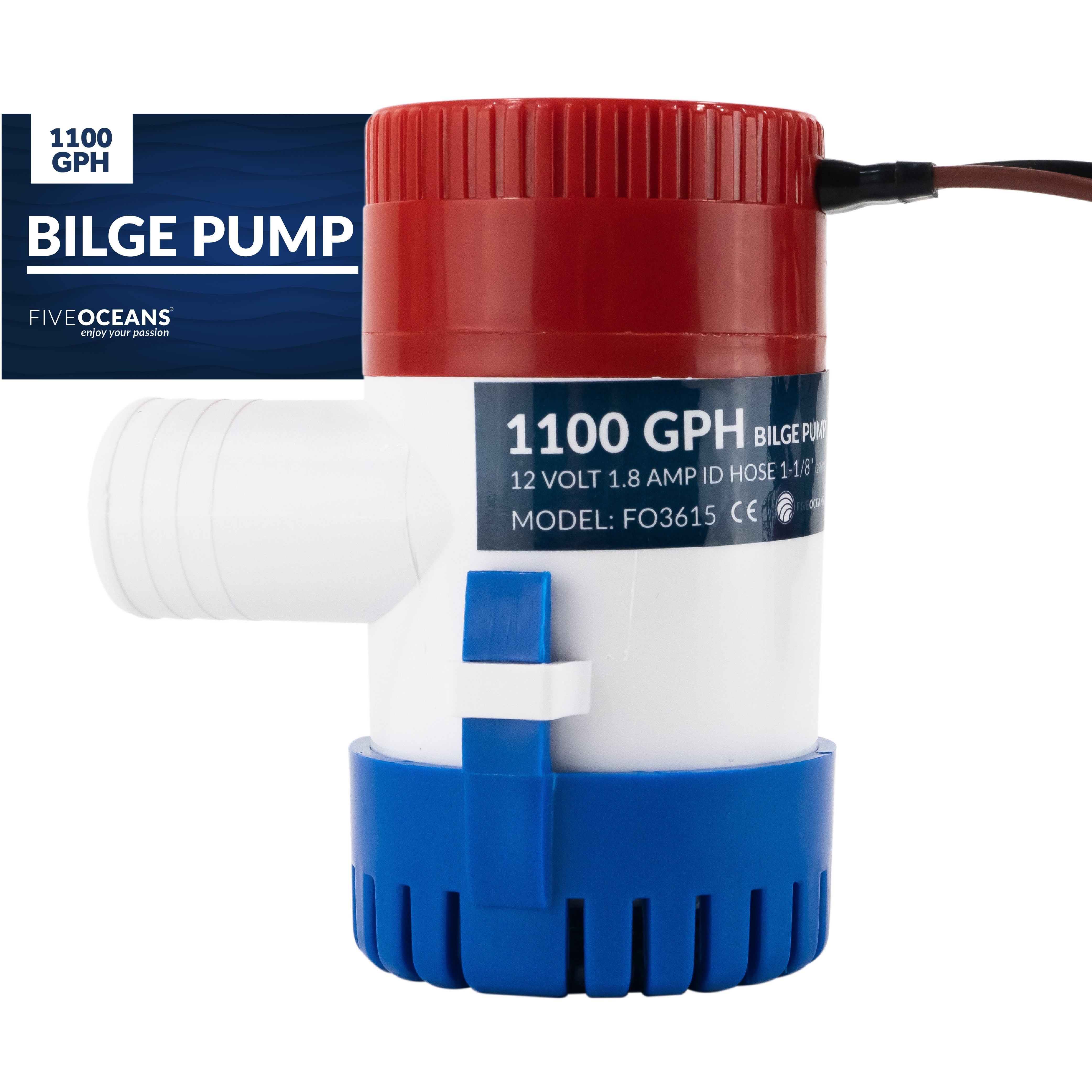 1100 GPH / 4164 LPH Bilge Pump 12V , 1-1/8 (29mm) Interior Diameter Hose,  41 14-Gauge Wire - FO3615