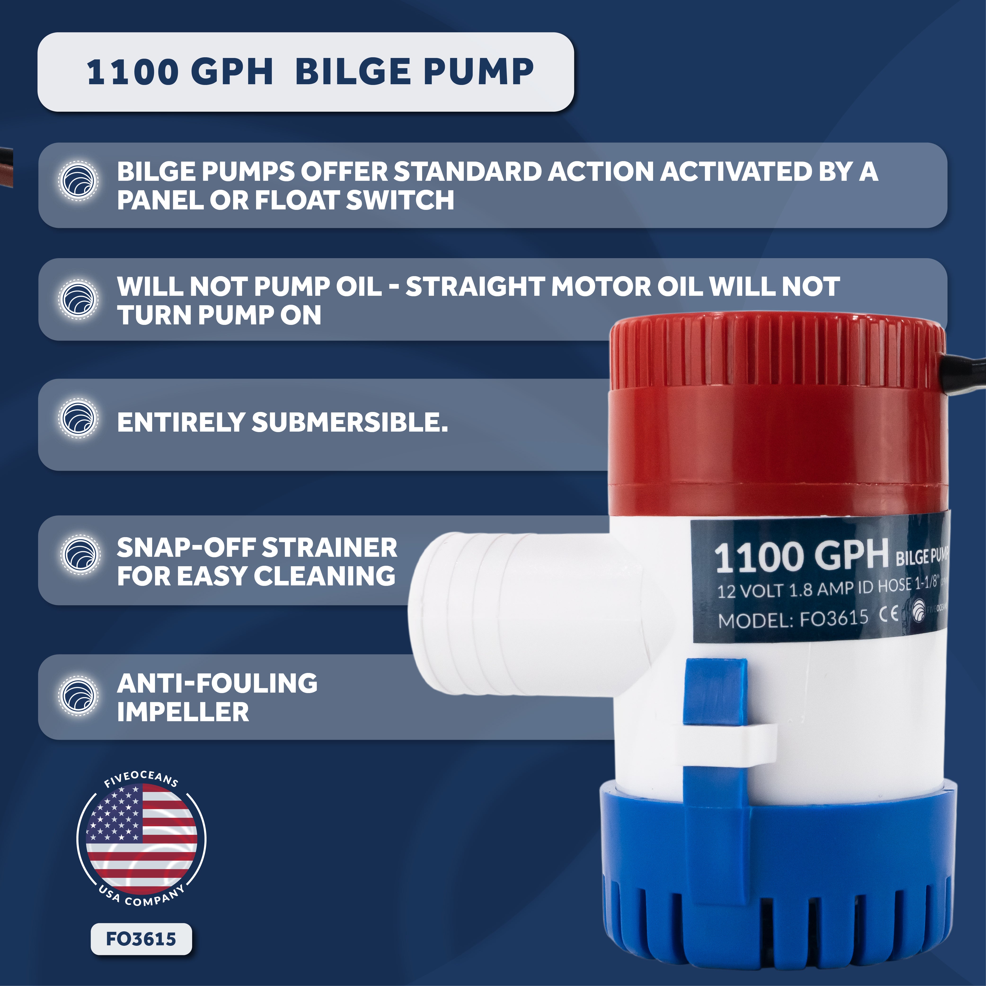 OASIS MARINE 12v 1100 GPH Automatic Bilge Pump for Boats - Bilge Water Pump  with Float Switch and 1-1/8 Hose Outlet - Marine Plumbing