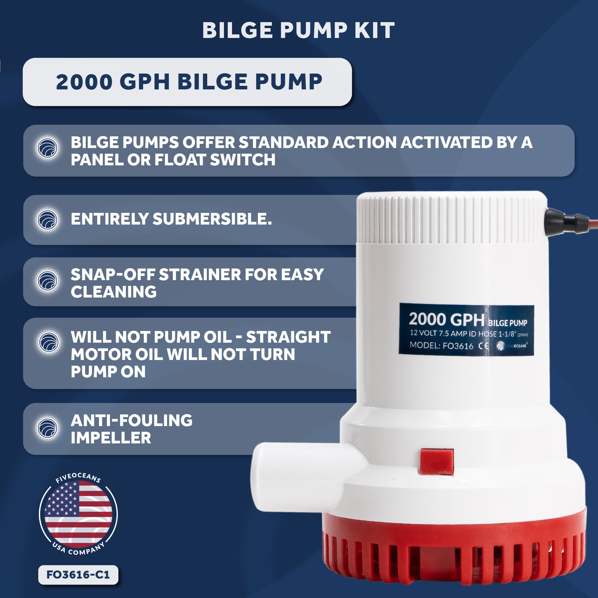 Bilge Pump Kit, 2000 GPH / 7571 LPH, Barbed 1-1/8" (29mm) Outlet Diameter, Float Switch and 3-Way Panel Switch, 12VDC - FO3616-C1 - Five Oceans