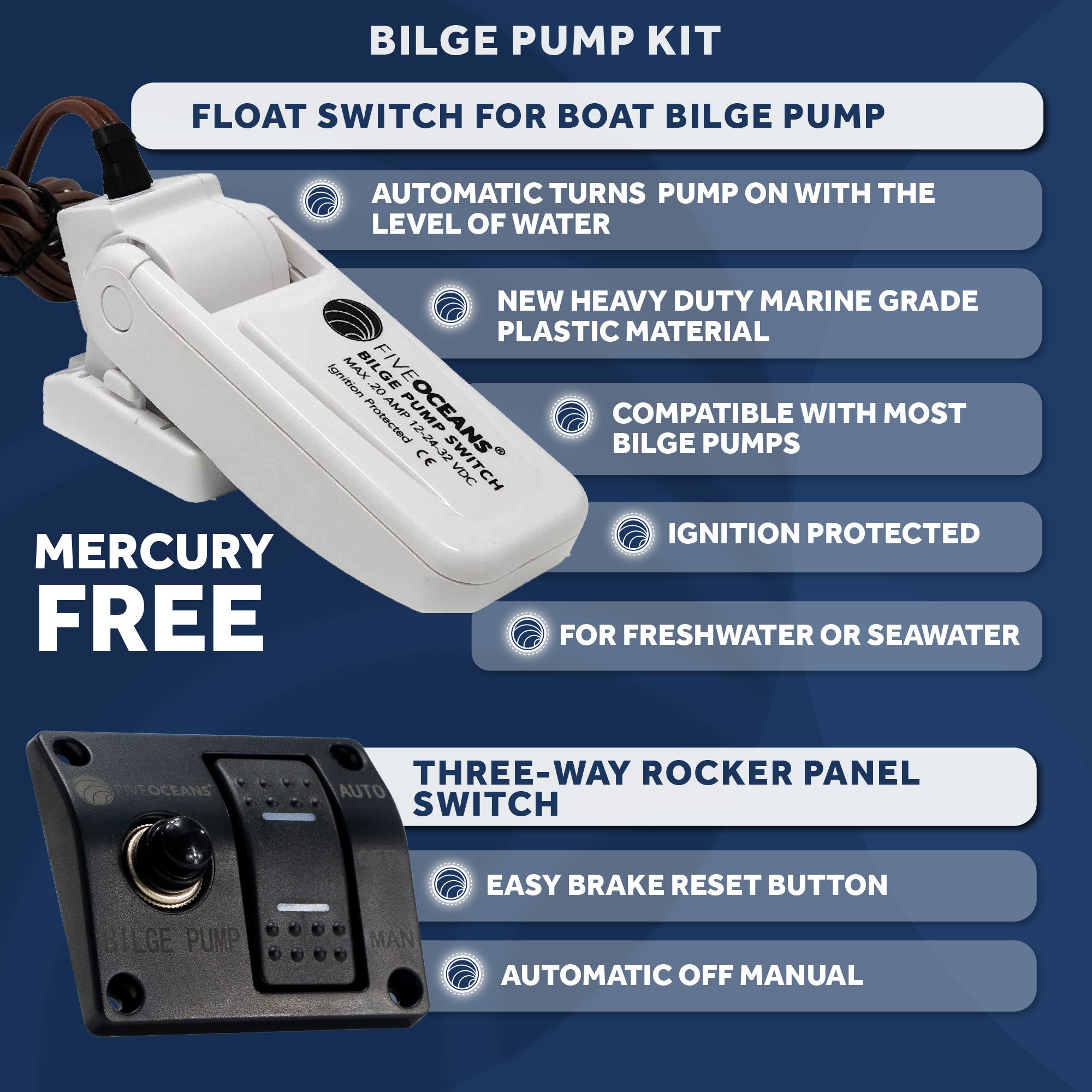 Bilge Pump Kit, 2000 GPH / 7571 LPH, Barbed 1-1/8" (29mm) Outlet Diameter, Float Switch and 3-Way Panel Switch, 12VDC - FO3616-C1 - Five Oceans