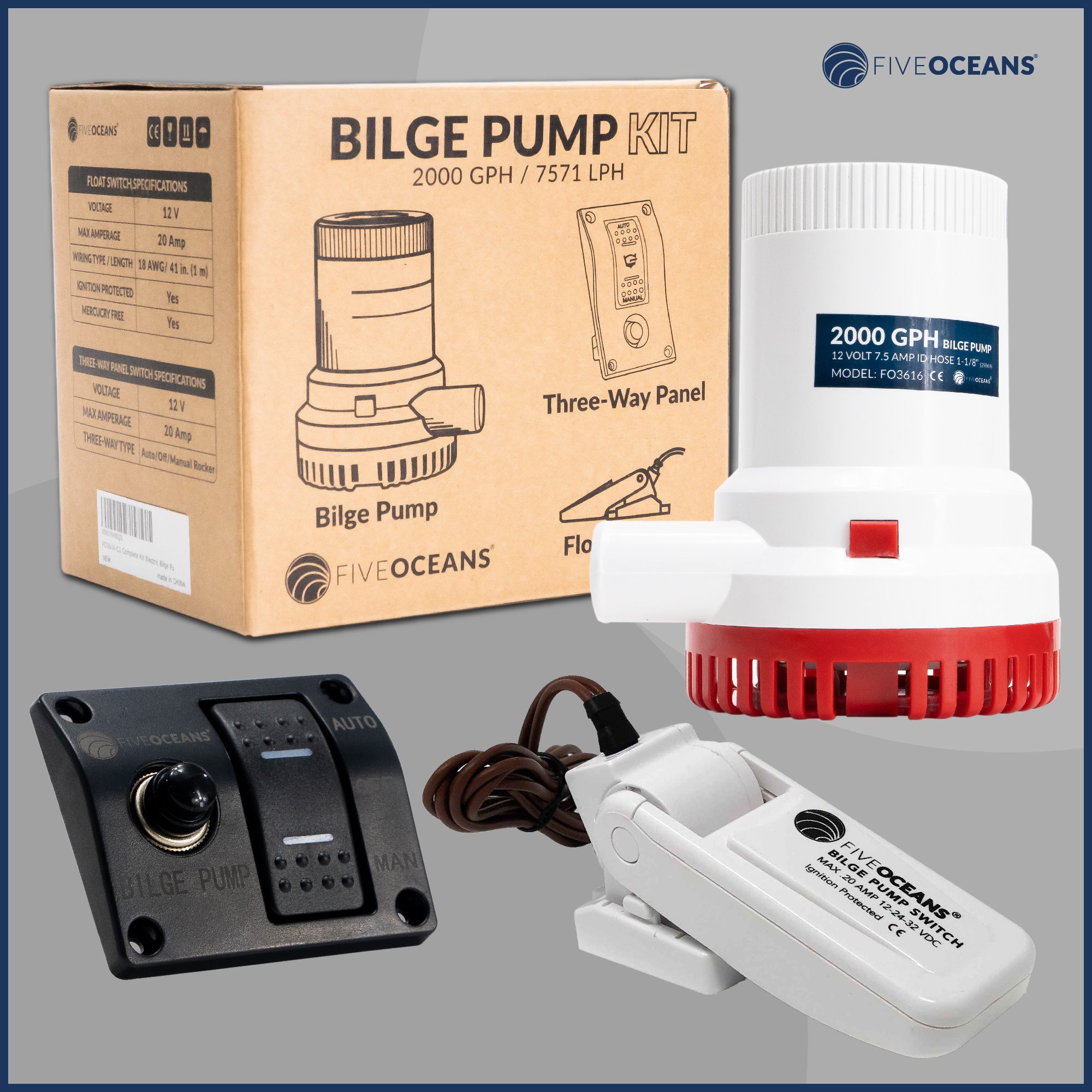 Bilge Pump Kit, 2000 GPH / 7571 LPH, Barbed 1-1/8" (29mm) Outlet Diameter, Float Switch and 3-Way Panel Switch, 12VDC - FO3616-C1 - Five Oceans
