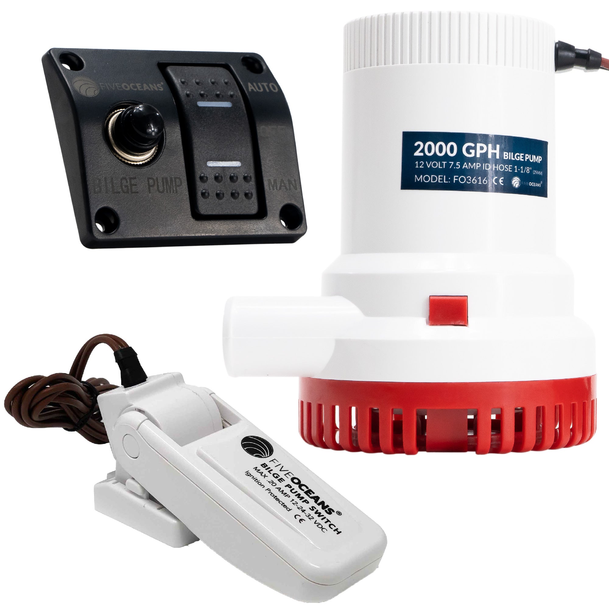 Bilge Pump Kit, 2000 GPH / 7571 LPH, Barbed 1-1/8" (29mm) Outlet Diameter, Float Switch and 3-Way Panel Switch, 12VDC - FO3616-C1 - Five Oceans