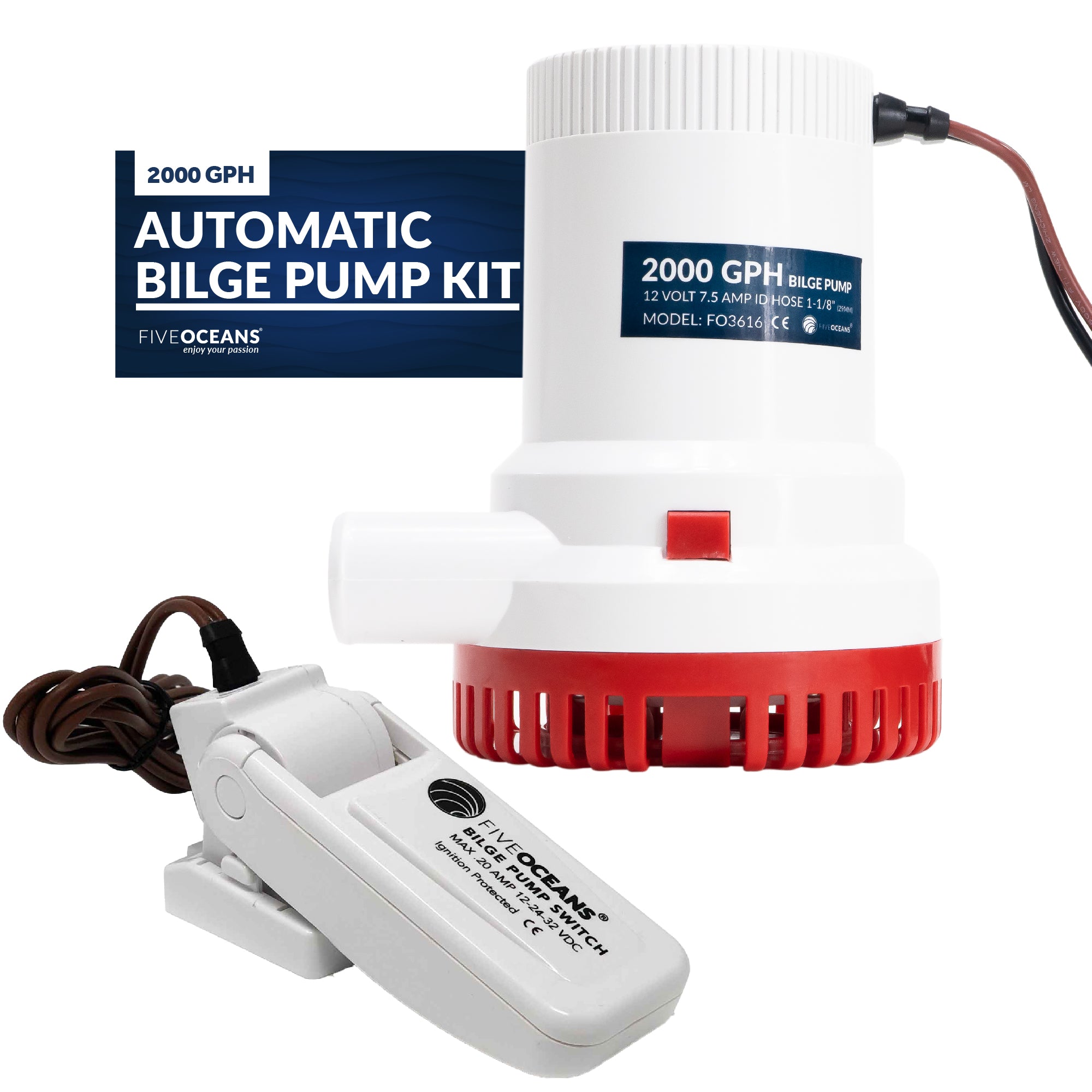 2000 GPH / 7571 LPH Automatic Bilge Pump Kit 12V, 1-1/8" (29mm) Inside Diameter Hose, with Heavy-Duty Float Switch - FO3616-C2