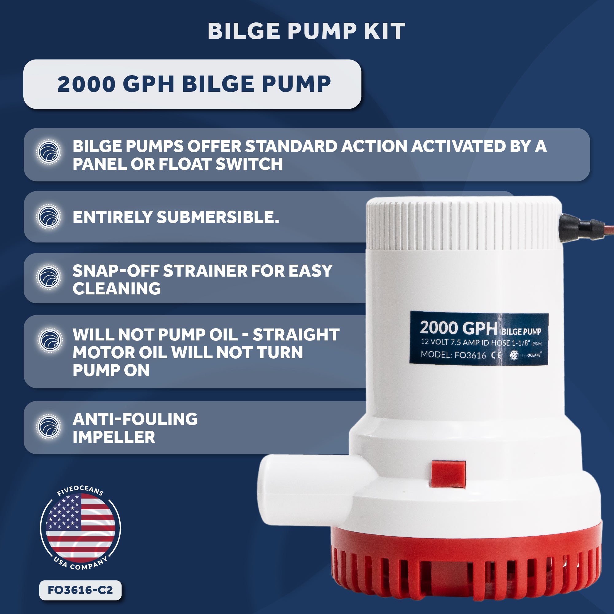 2000 GPH / 7571 LPH Automatic Bilge Pump Kit 12V, 1-1/8" (29mm) Inside Diameter Hose, with Heavy-Duty Float Switch - FO3616-C2 - Five Oceans