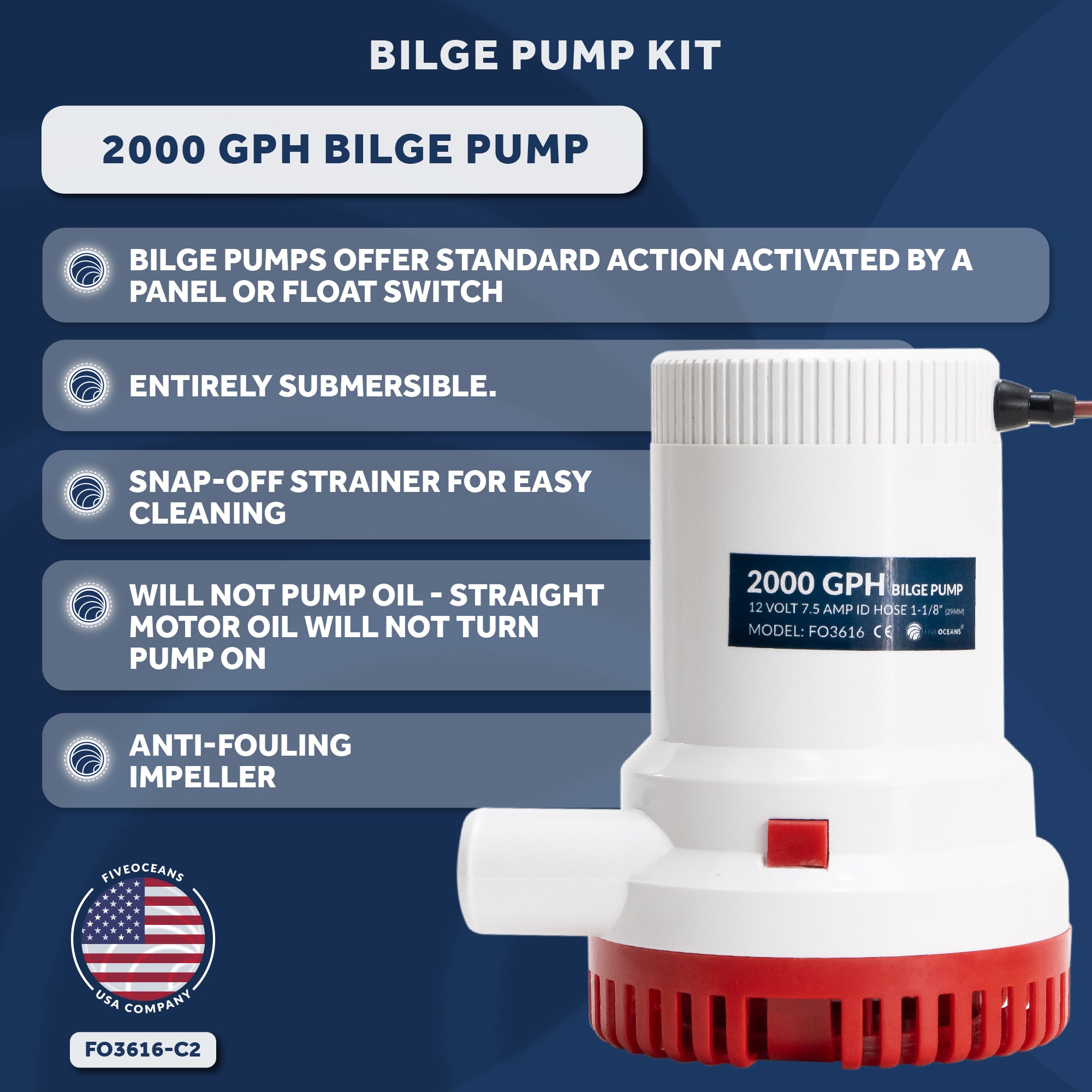 2000 GPH / 7571 LPH Automatic Bilge Pump Kit 12V, 1-1/8" (29mm) Inside Diameter Hose, with Heavy-Duty Float Switch - FO3616-C2