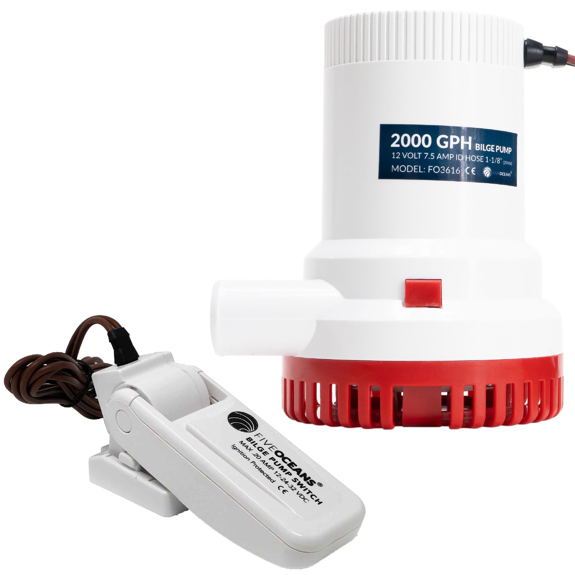2000 GPH / 7571 LPH Automatic Bilge Pump Kit 12V, 1-1/8" (29mm) Inside Diameter Hose, with Heavy-Duty Float Switch - FO3616-C2 - Five Oceans