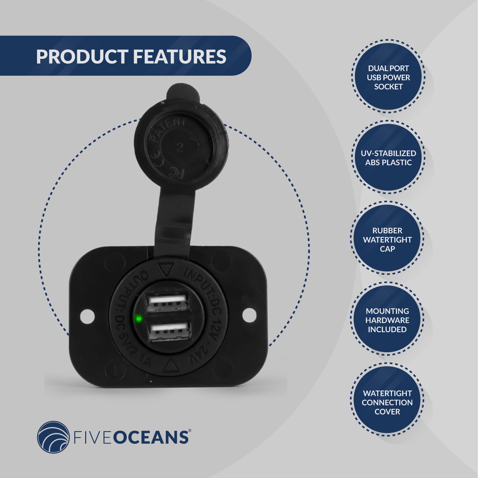Dual Port USB Power Socket, 12 - 24 V - FO3656 - Five Oceans