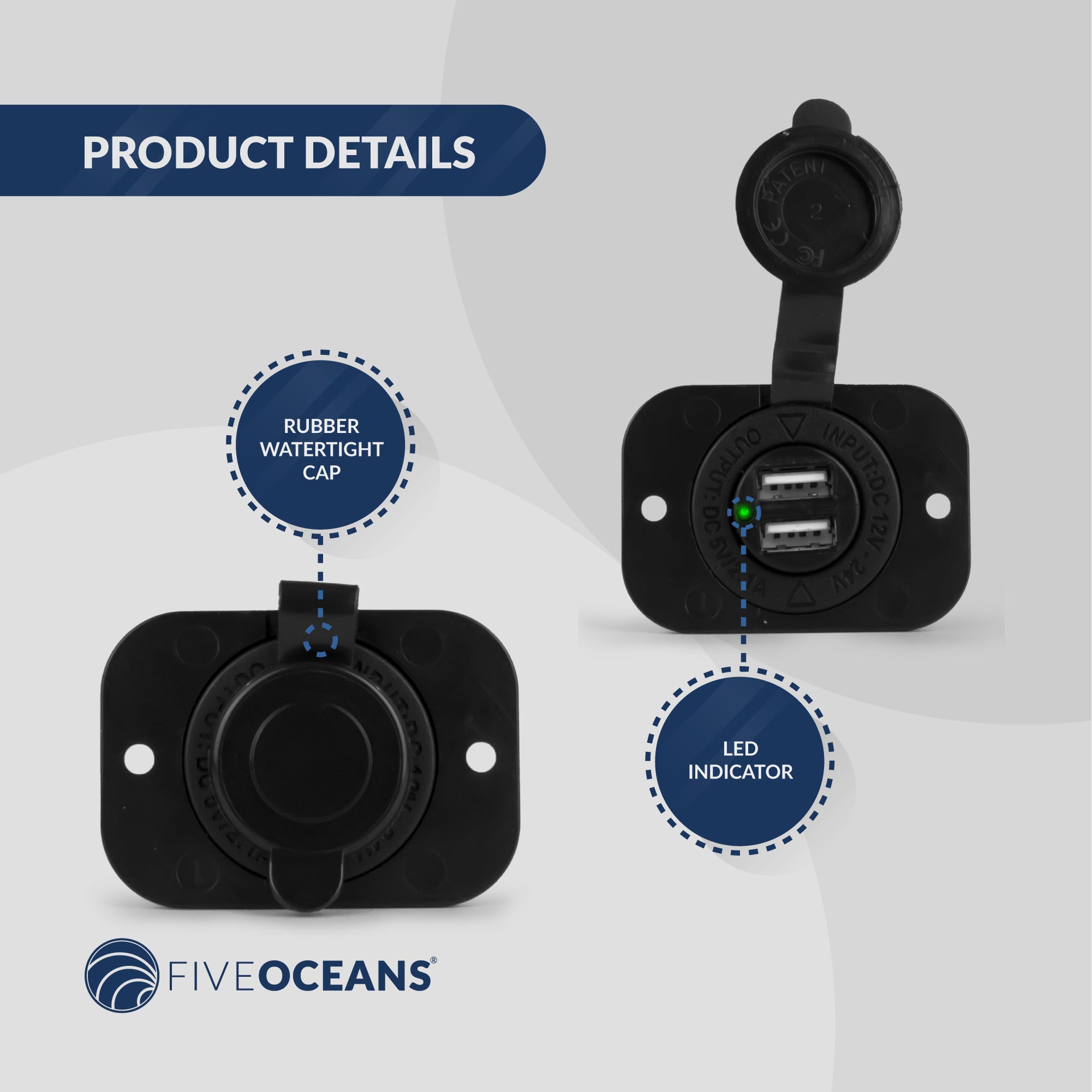 Dual Port USB Power Socket, 12 - 24 V - FO3656 - Five Oceans