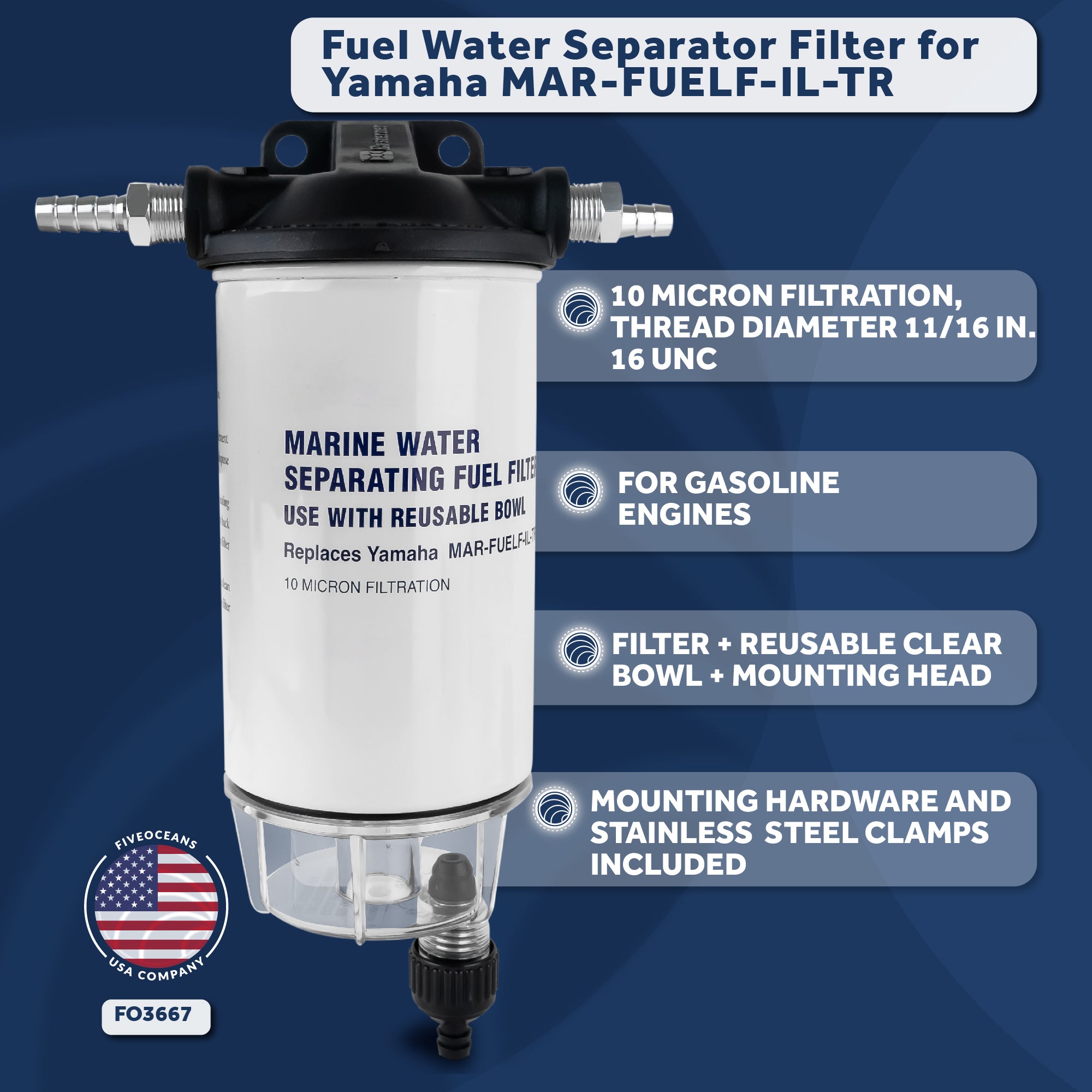 Fuel Line Water Separator Filter Kit, Thread Diameter 11/16"-16UNC, 3/8" Barb, for MAR-FUELF-IL-TR - FO3667