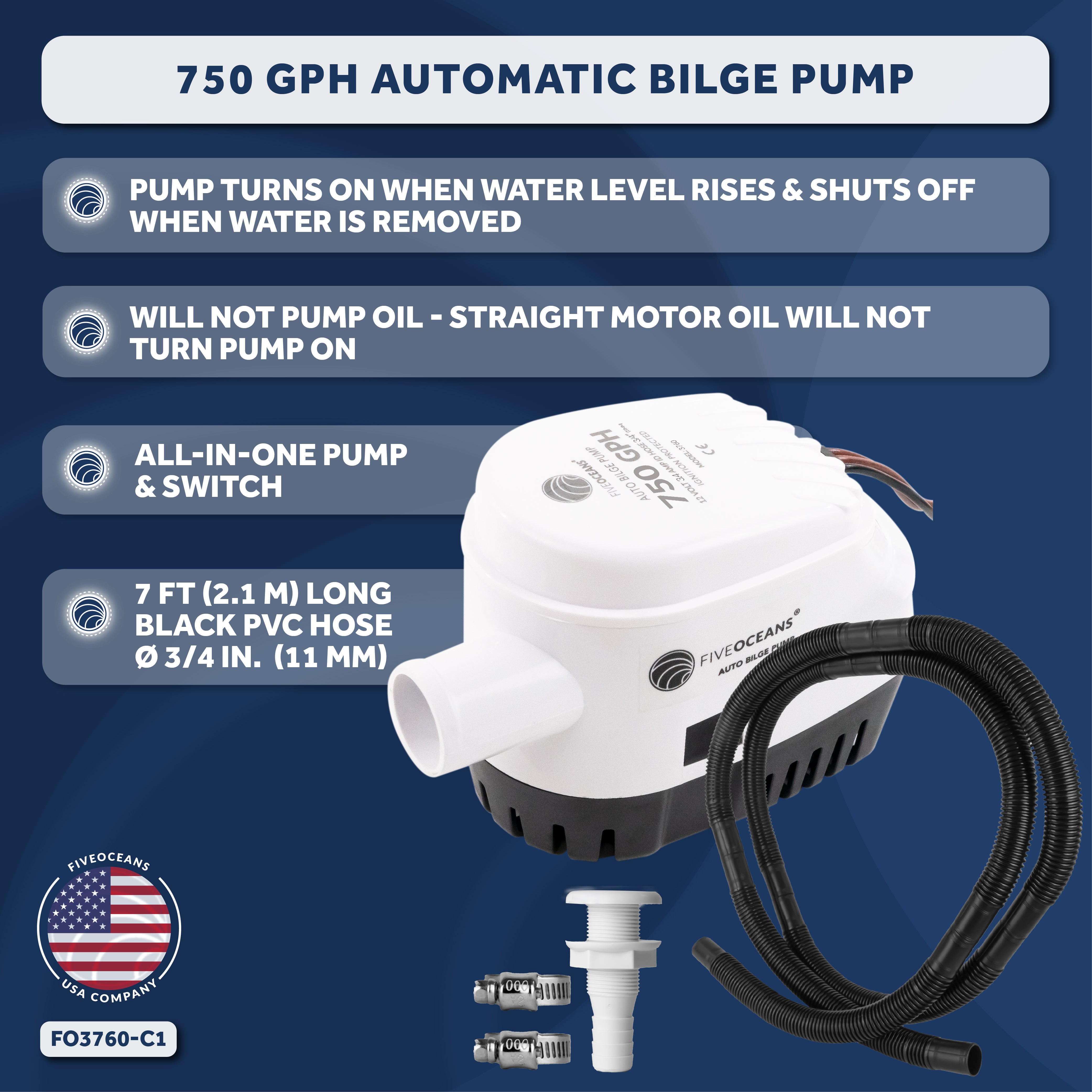 750 GPH / 2839 LPH Automatic Bilge Pump Kit, 12V, with 3/4" (19mm) Hose and Thru-hull Fitting, 41" 18-Gauge Wire - FO3760-C1 - Five Oceans