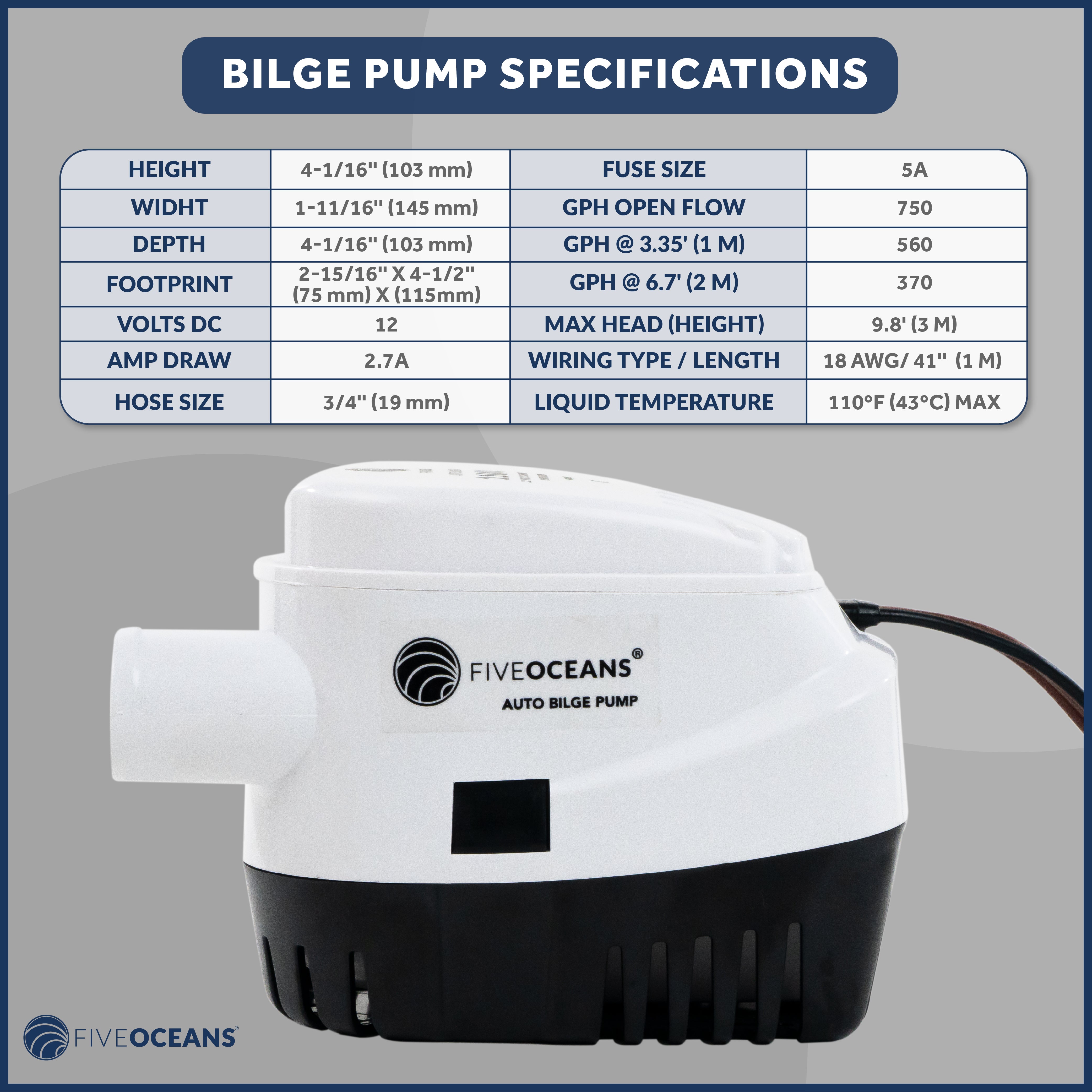750 GPH / 2839 LPH Automatic Bilge Pump Kit, 12V, with 3/4" (19mm) Hose and Thru-hull Fitting, 41" 18-Gauge Wire - FO3760-C1 - Five Oceans