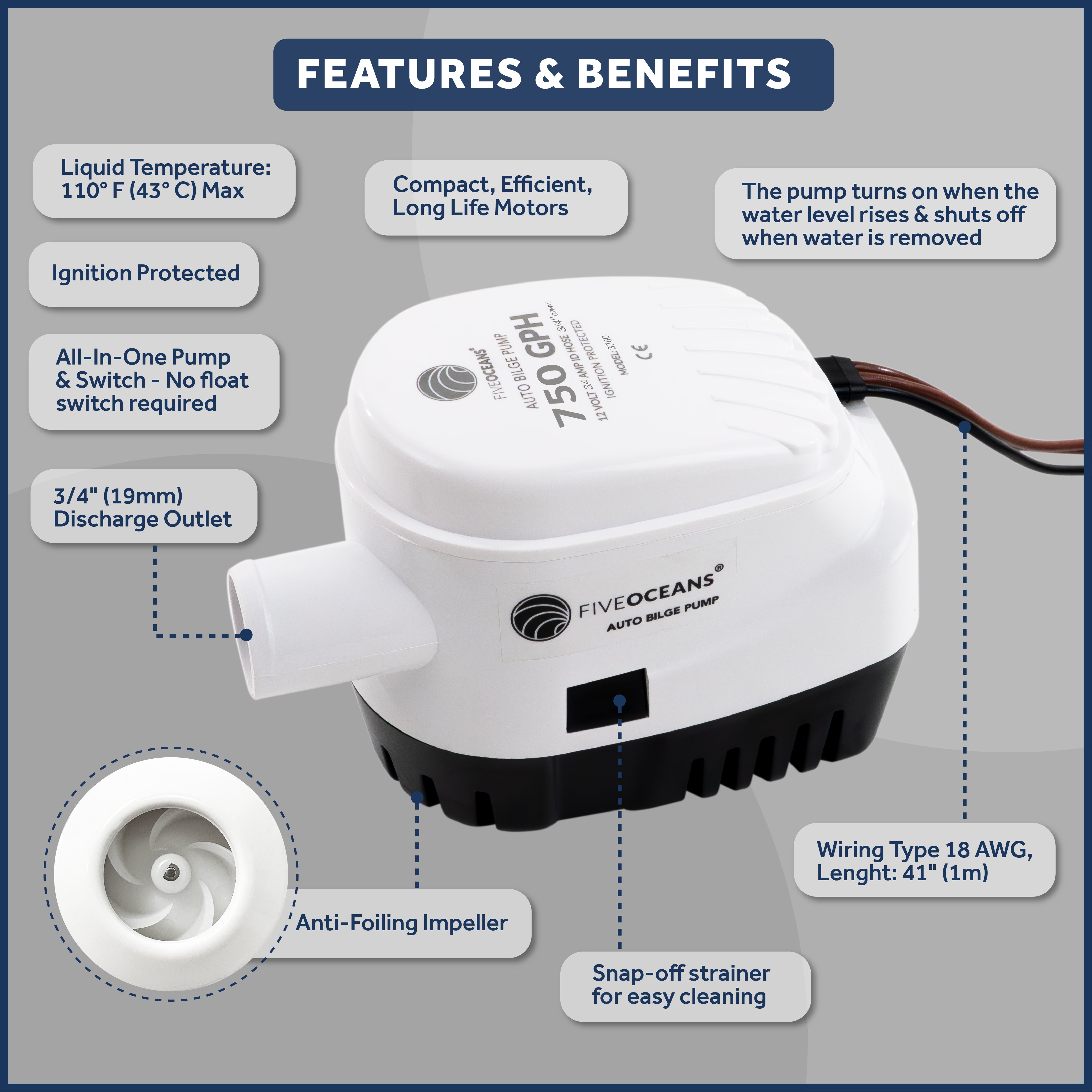 750 GPH / 2839 LPH Automatic Bilge Pump Kit, 12V, with 3/4" (19mm) Hose and Thru-hull Fitting, 41" 18-Gauge Wire - FO3760-C1 - Five Oceans