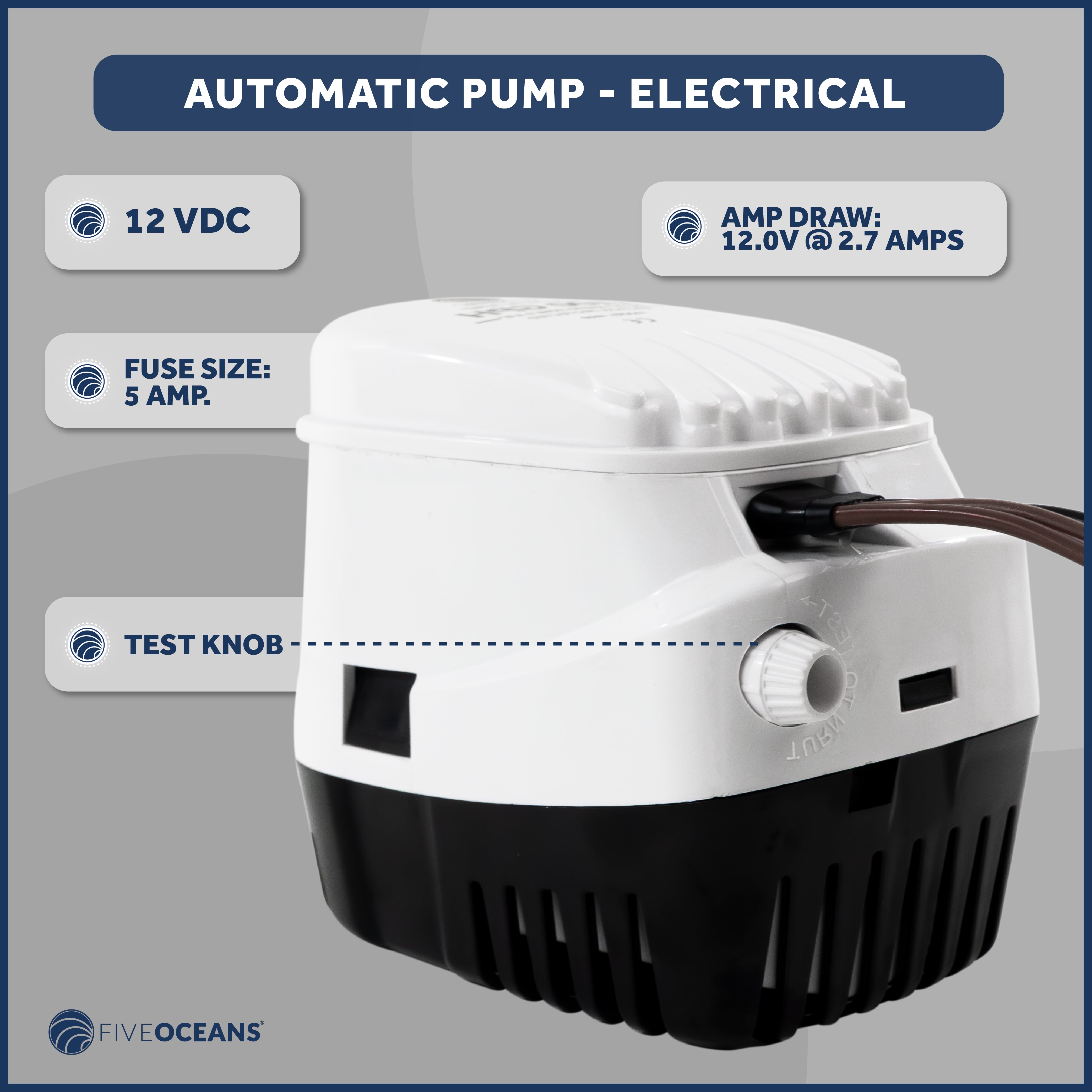750 GPH / 2839 LPH Automatic Bilge Pump Kit, 12V, with 3/4" (19mm) Hose and Thru-hull Fitting, 41" 18-Gauge Wire - FO3760-C1 - Five Oceans
