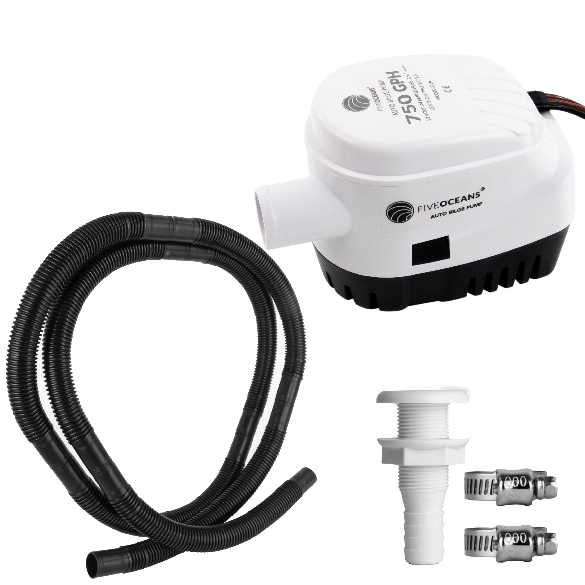 750 GPH / 2839 LPH Automatic Bilge Pump Kit, 12V, with 3/4" (19mm) Hose and Thru-hull Fitting, 41" 18-Gauge Wire - FO3760-C1 - Five Oceans