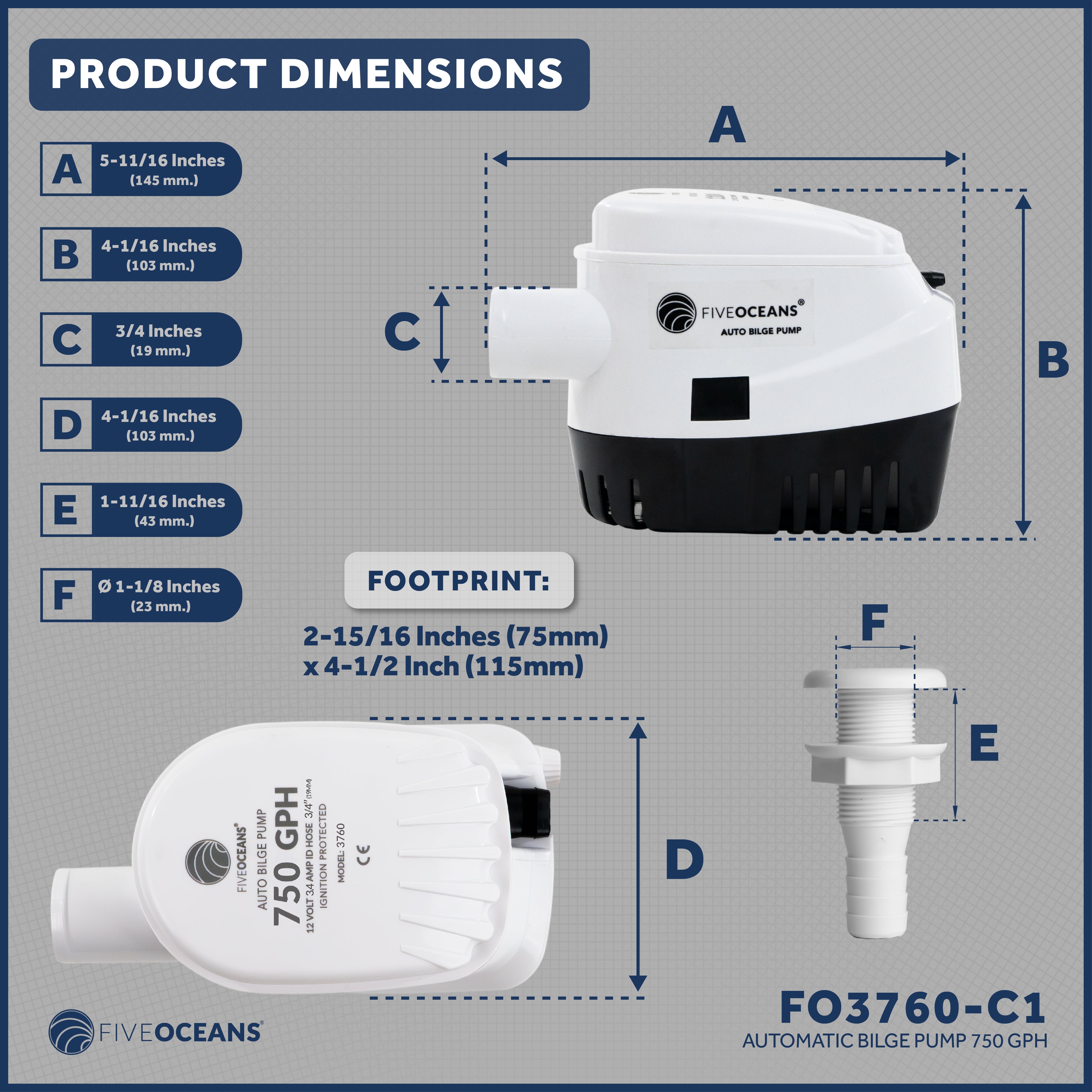 750 GPH / 2839 LPH Automatic Bilge Pump Kit, 12V, with 3/4" (19mm) Hose and Thru-hull Fitting, 41" 18-Gauge Wire - FO3760-C1 - Five Oceans
