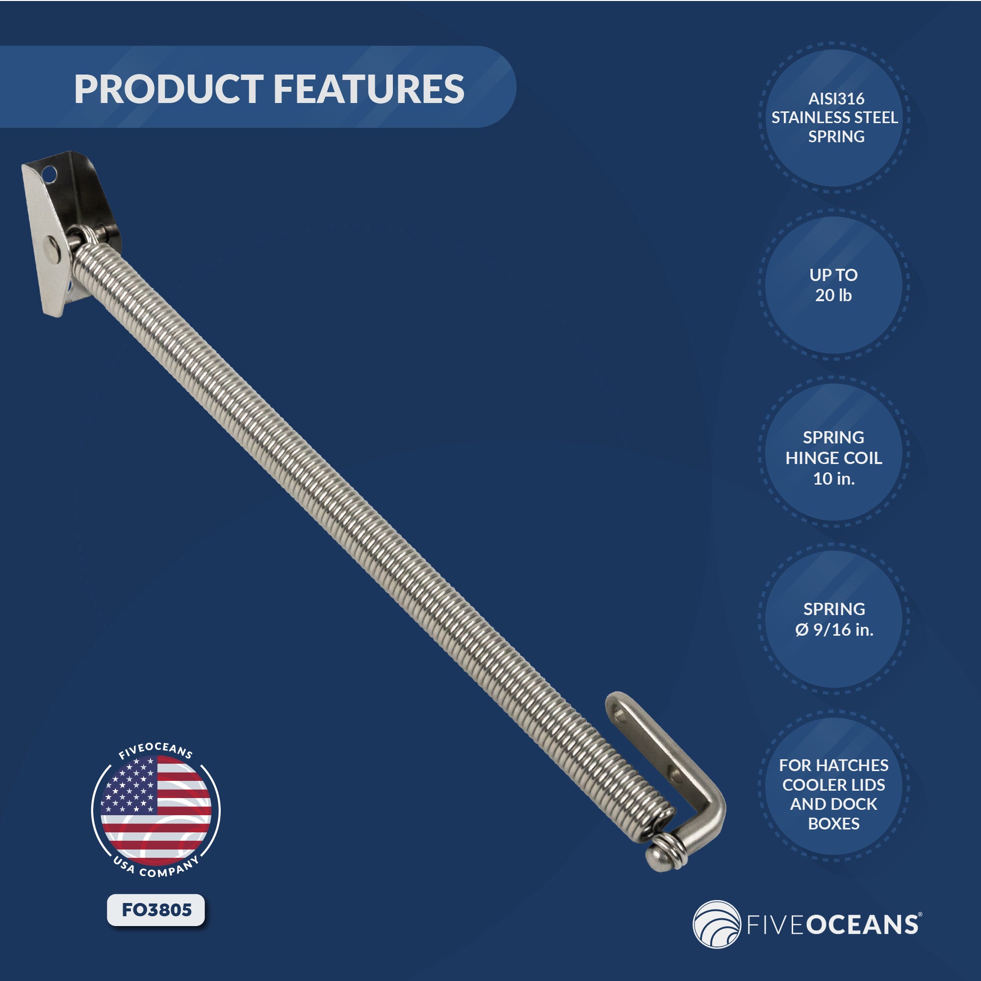 10" Hatch Lid Support Spring Holder, Stainless Steel - FO3805 - Five Oceans