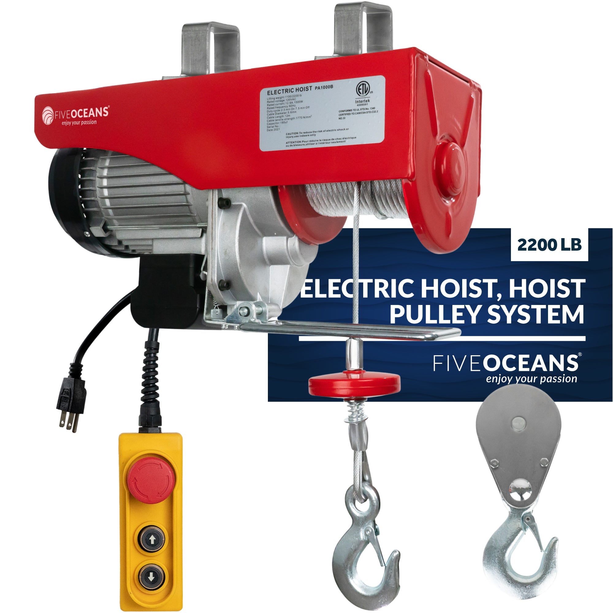 2200 Lb Winch Electric Hoist, 6 FT Remote Control - FO3820 - Five Oceans