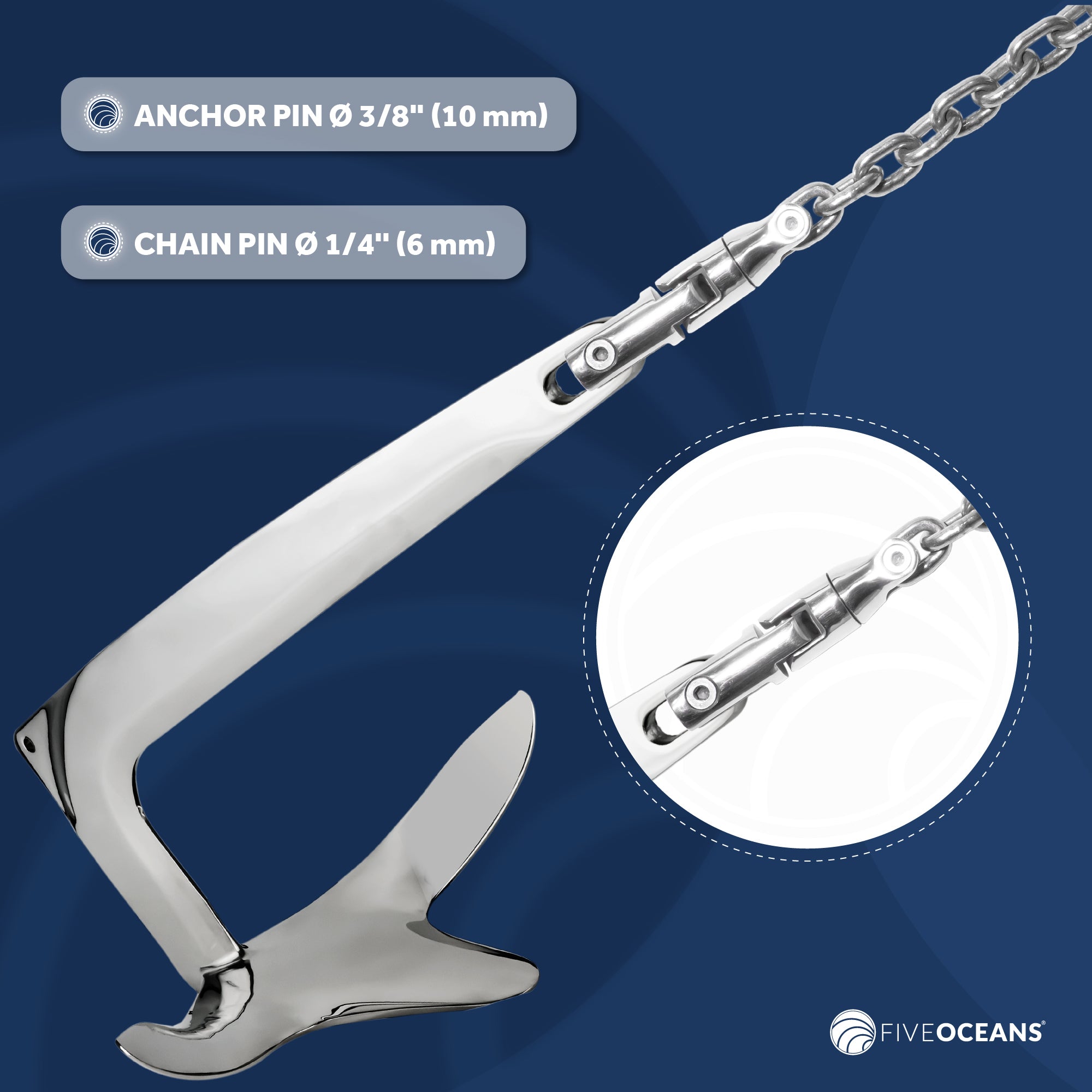 Multi-directional Anchor Double Swivel, Up to 5/16 in. Chain, AISI316 Stainless Steel FO-384 - Five Oceans