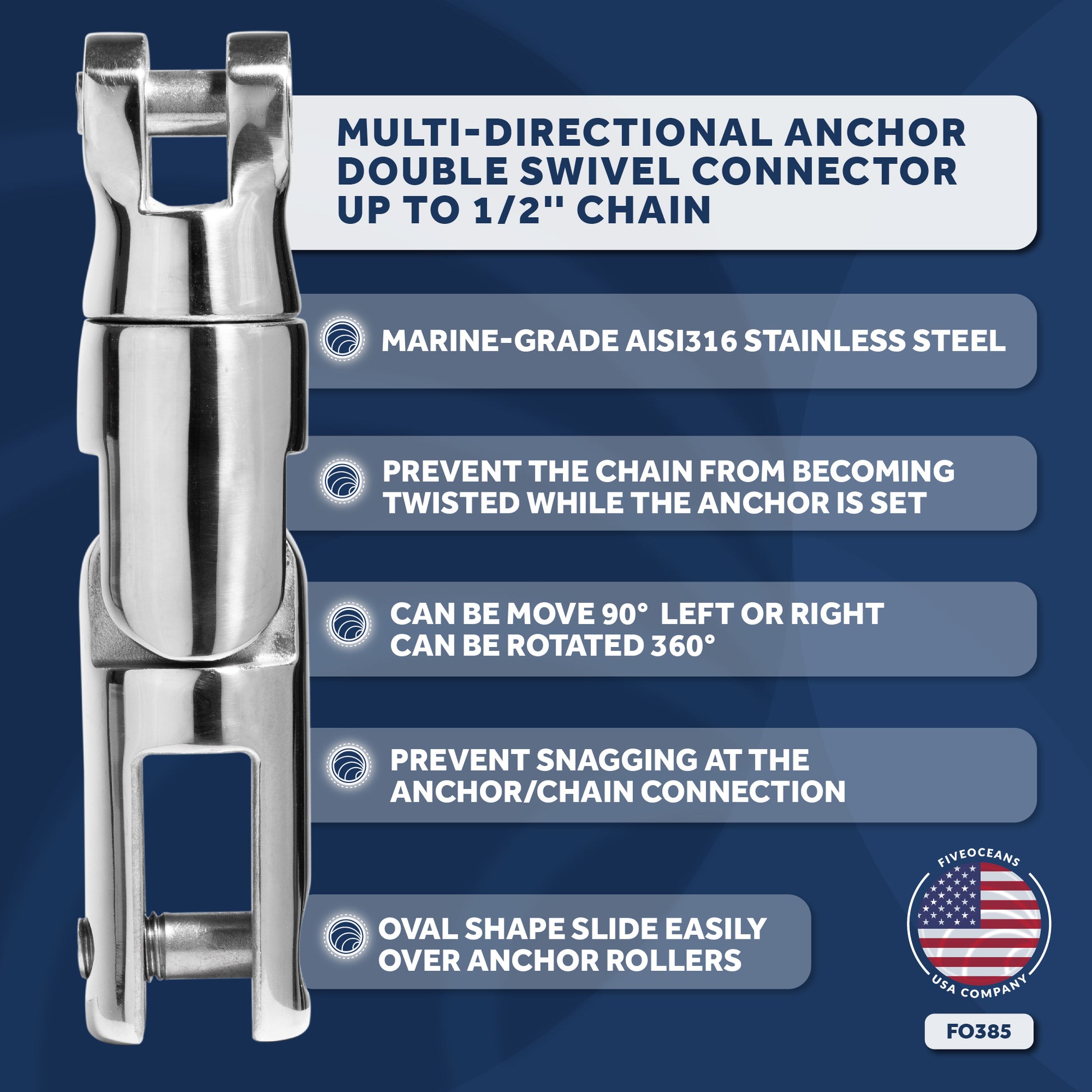 Multi-directional Anchor Double Swivel Connector, Up to 1/2 in. Chain, AISI316 Stainless Steel FO-385 - Five Oceans