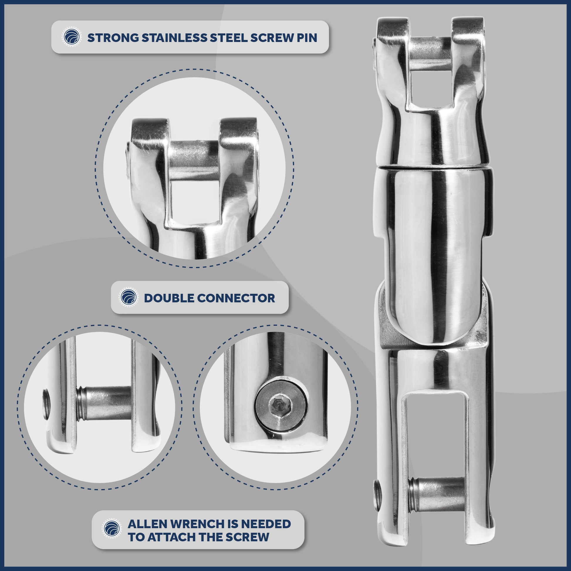 Multi-directional Anchor Double Swivel Connector, Up to 1/2 in. Chain, AISI316 Stainless Steel FO-385 - Five Oceans