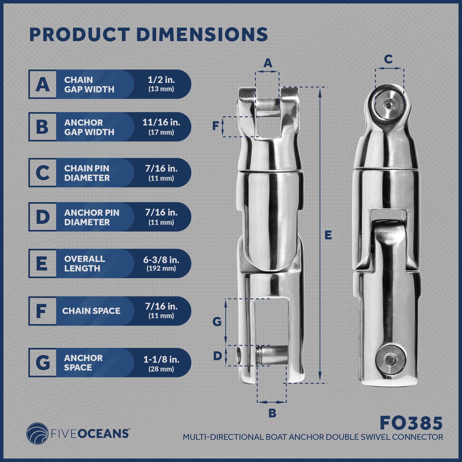 Multi-directional Anchor Double Swivel Connector, Up to 1/2 in. Chain, AISI316 Stainless Steel FO-385 - Five Oceans