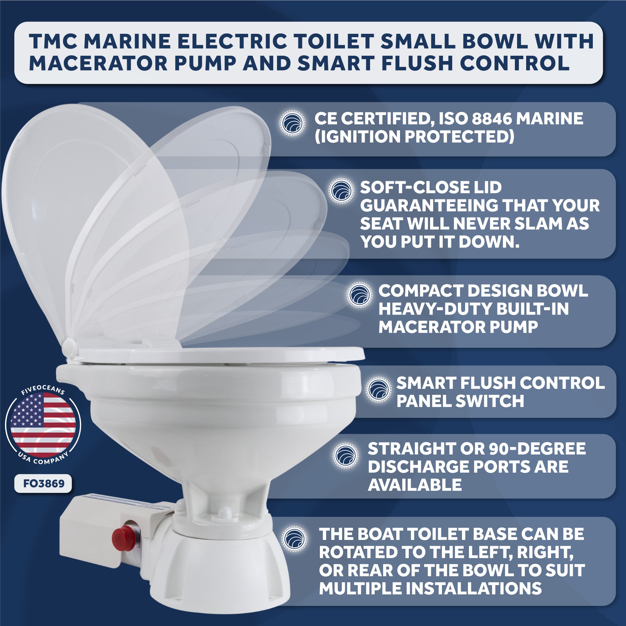 TMC Electric Toilet, Compact Bowl, 12V DC, Flush Control - FO3869