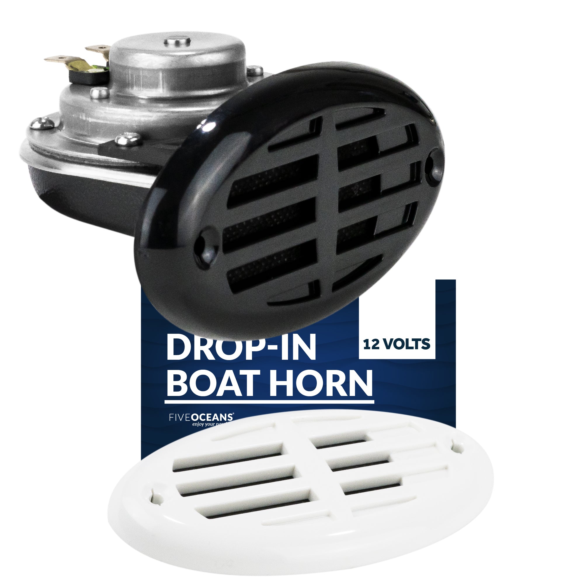 Drop-in Hidden Boat Horn with Black and White Grills, 12V - 110+5 dB - FO3914