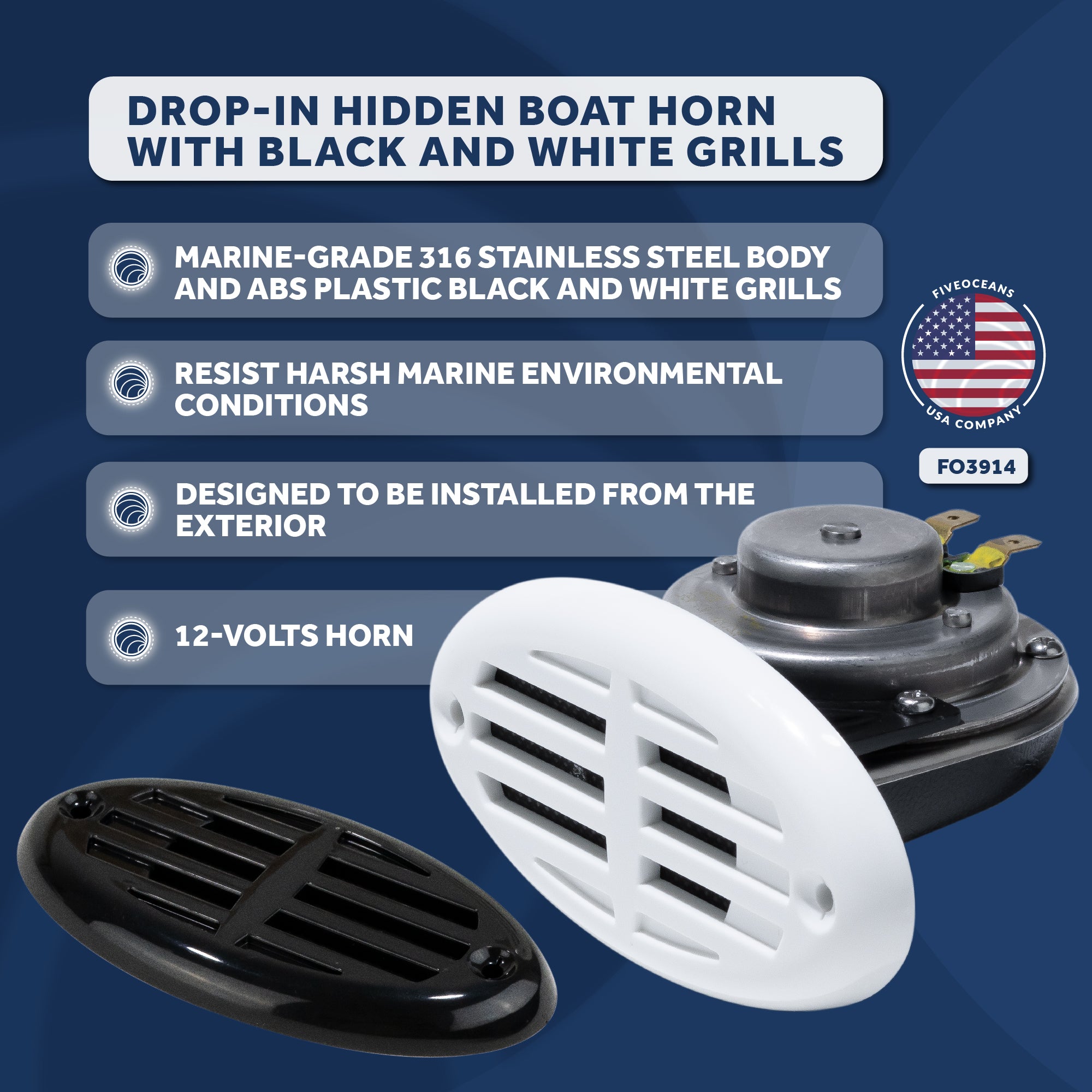 Drop-in Hidden Boat Horn with Black and White Grills, 12V - 110+5 dB - FO3914