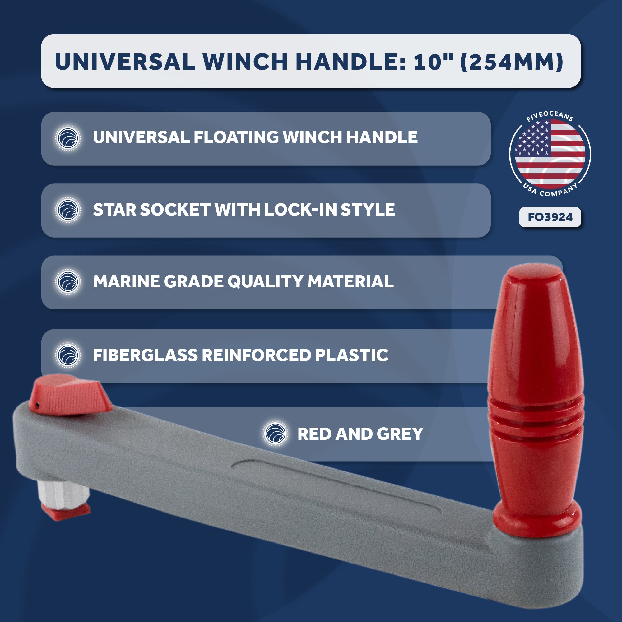 Universal Winch Handle, 10" Floating Lock-in Style, Grey/Red - FO3924