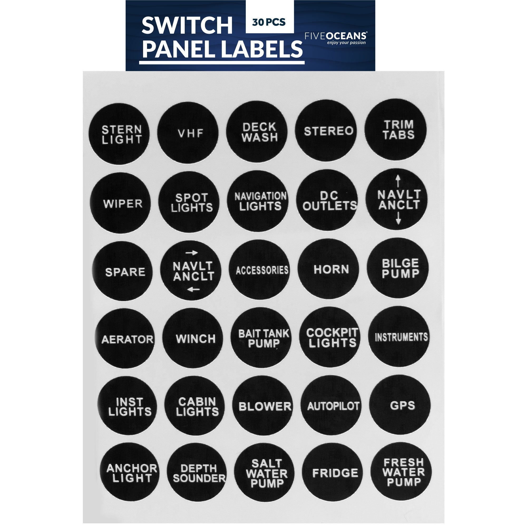 Boat Switch Panel Labels, 30 Pcs per Sheet - FO3928 - Five Oceans