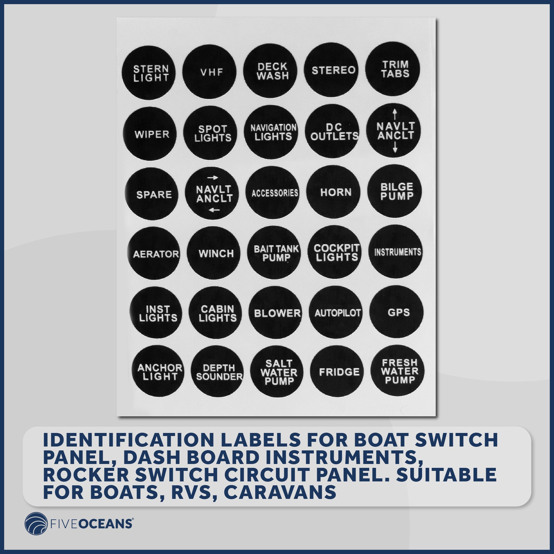 Boat Switch Panel Labels, 30 Pcs per Sheet - FO3928 - Five Oceans