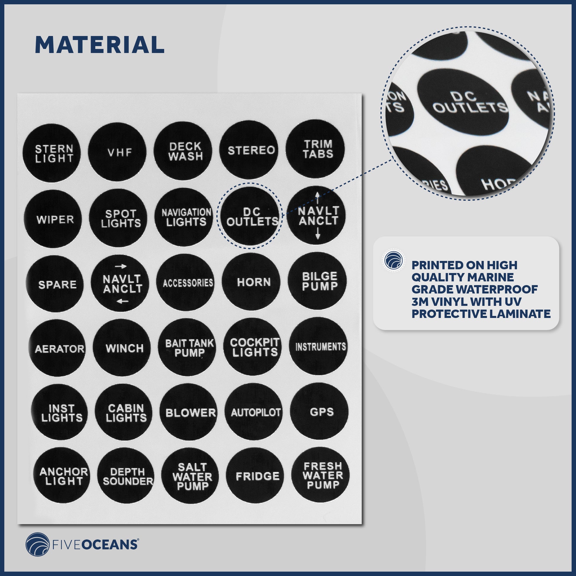 Boat Switch Panel Labels, 30 Pcs per Sheet - FO3928 - Five Oceans